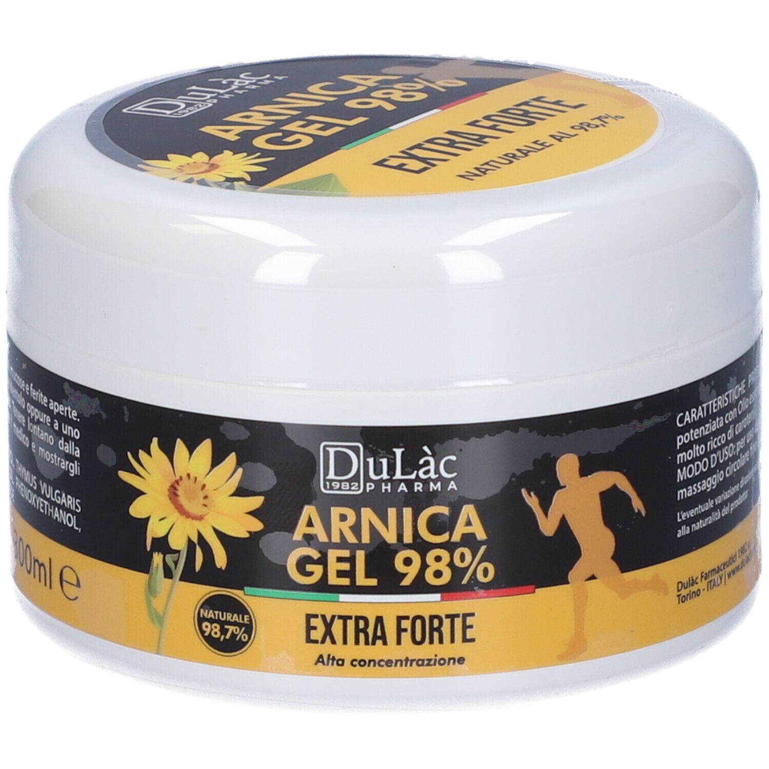Vaso bianco con etichetta nera e gialla. Scritta: Arnica Gel 98% Extra Forte. Logo: corridore.