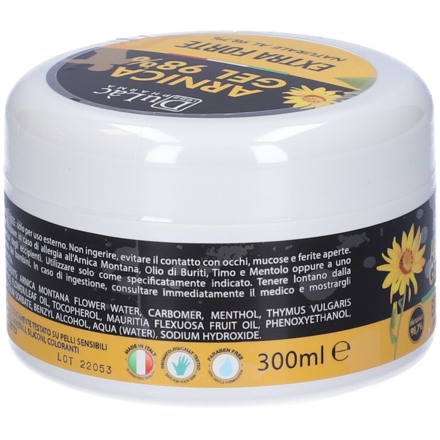Vaso bianco con etichetta nera e gialla. Scritta: Arnica Gel 98% Extra Forte. Ingredienti.