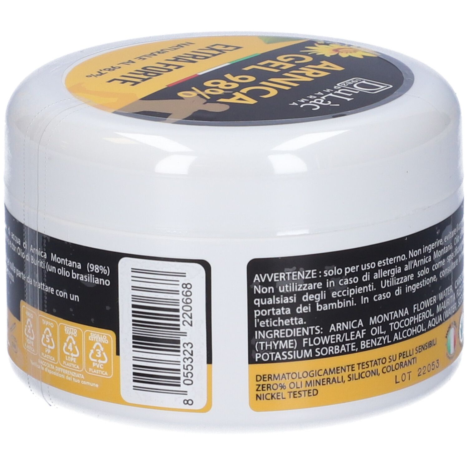 Vaso bianco con etichetta nera e gialla. Scritta: Arnica Gel 98% Extra Forte. Codice a barre e avvertenze.