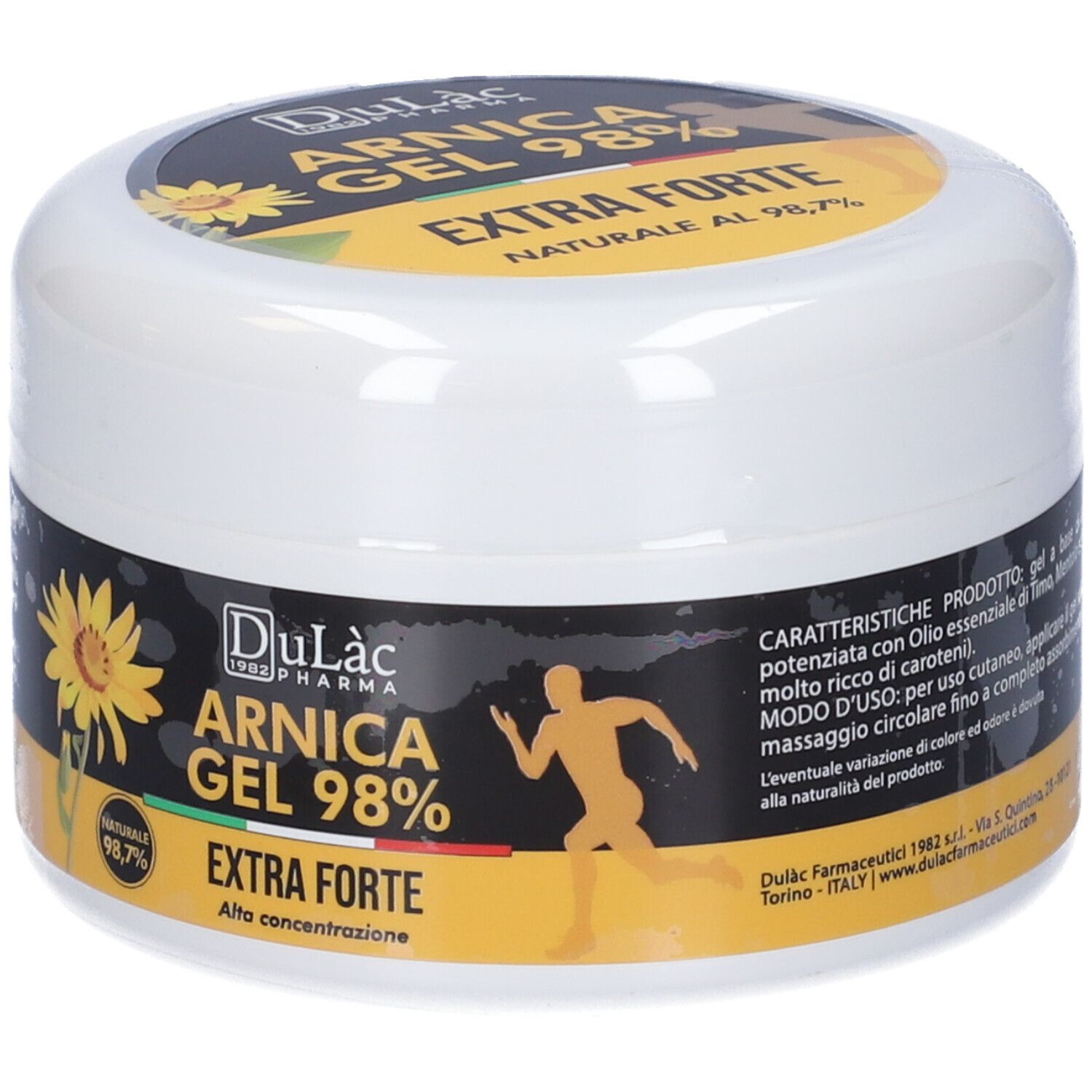 Vaso bianco con etichetta nera e gialla. Scritta: Arnica Gel 98% Extra Forte. Logo: corridore.