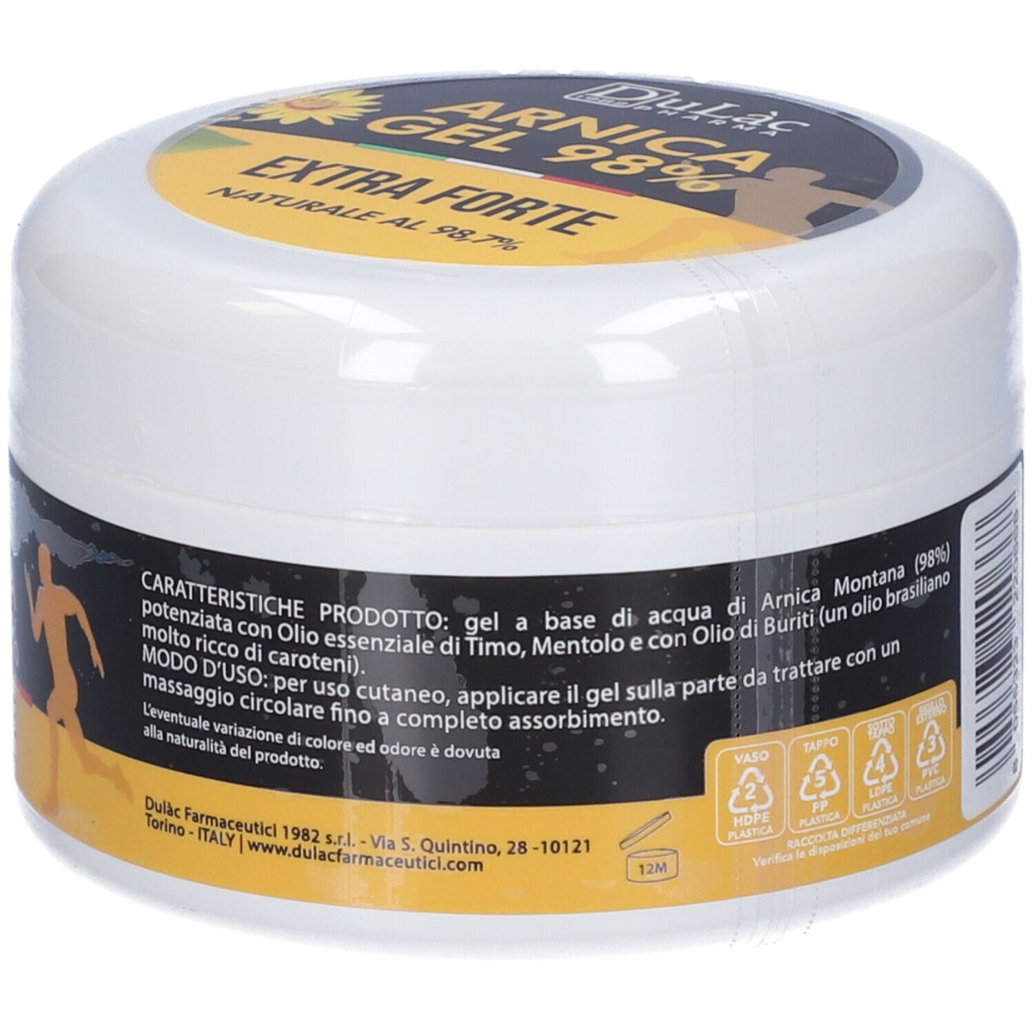 Vaso bianco con etichetta nera e gialla. Scritta: Arnica Gel 98% Extra Forte. Caratteristiche del prodotto.