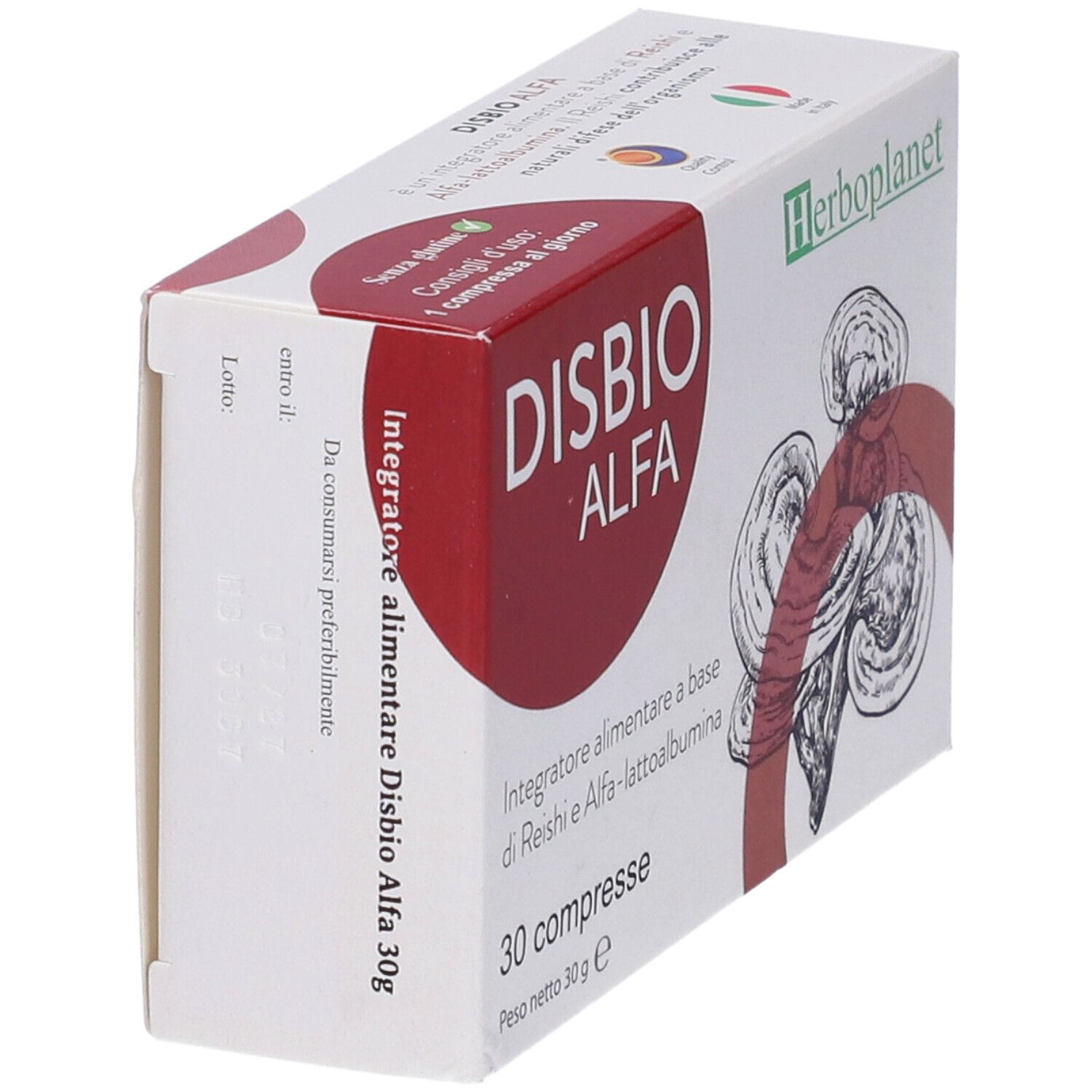 Schachtel "Disbio Alfa" und "Herboplanet" Logo. Rote und weiße Verpackung. Enthält 30 Tabletten.