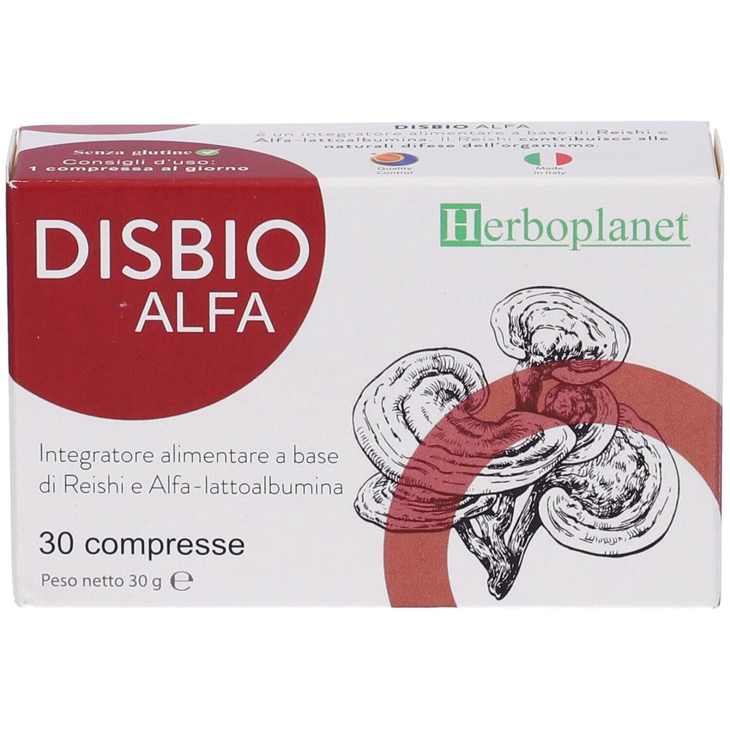 Schachtel "Disbio Alfa" und "Herboplanet" Logo. Enthält 30 Tabletten. Abbildung von Pilzen.