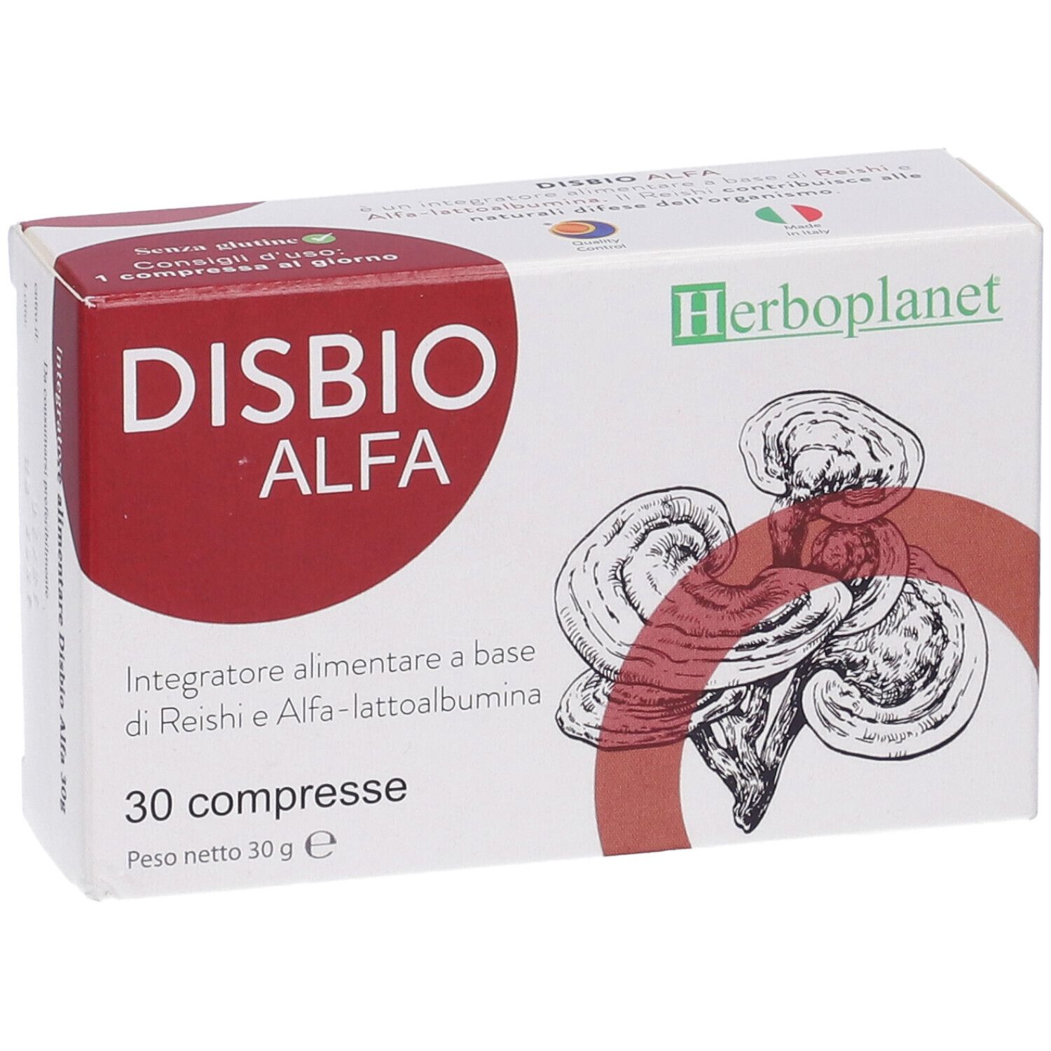 Schachtel "Disbio Alfa" und "Herboplanet" Logo. Enthält 30 Tabletten. Abbildung von Pilzen.