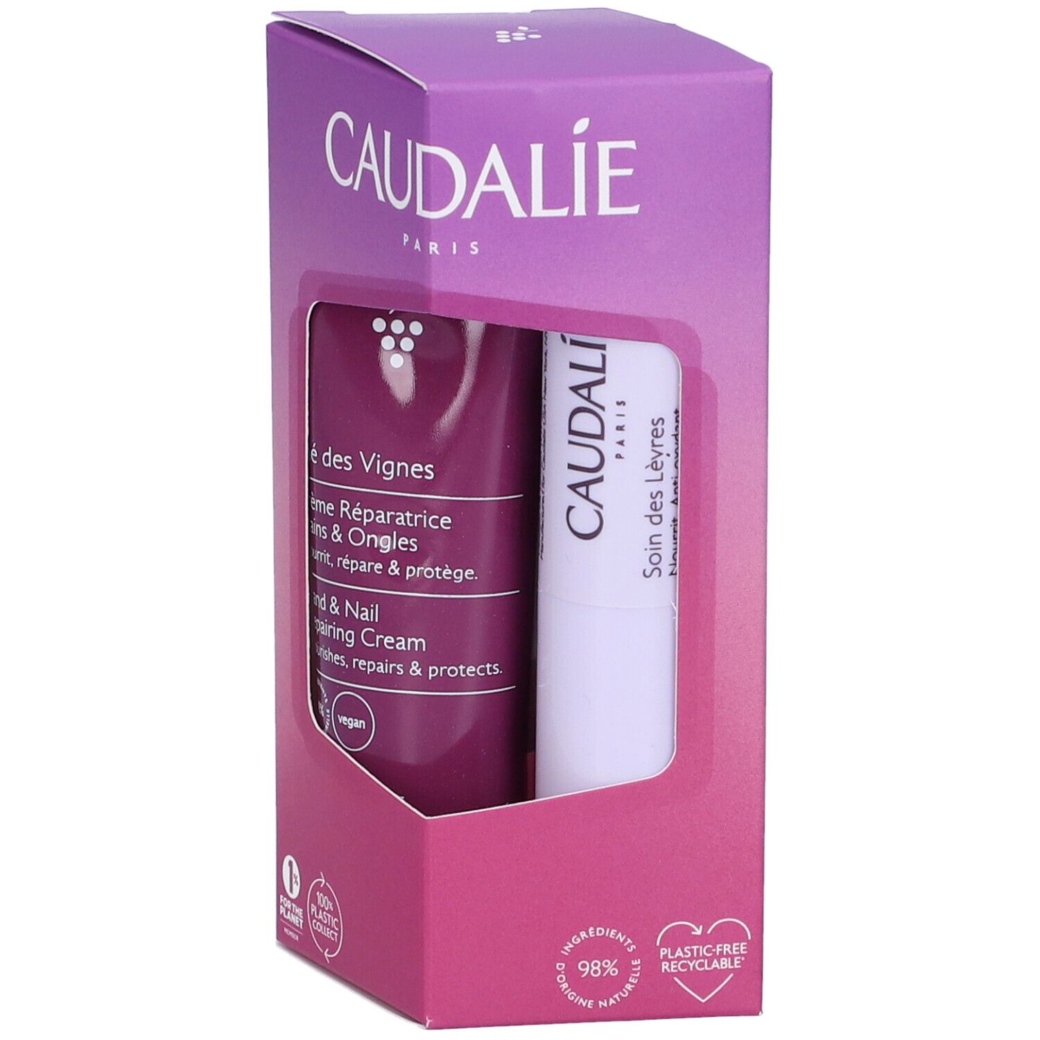 Caudalie Thé des Vignes Set Duo. Confezione con crema mani/unghie e balsamo labbra. Finestra mostra i prodotti.