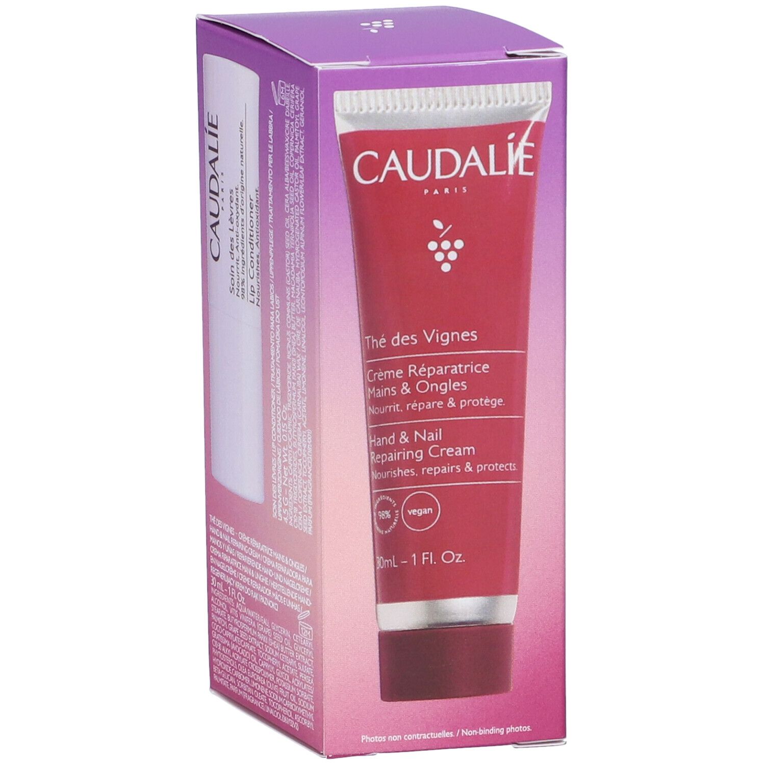 Crema mani e unghie Caudalie Thé des Vignes in tubo viola. Confezione viola. Testo: Crème Réparatrice.