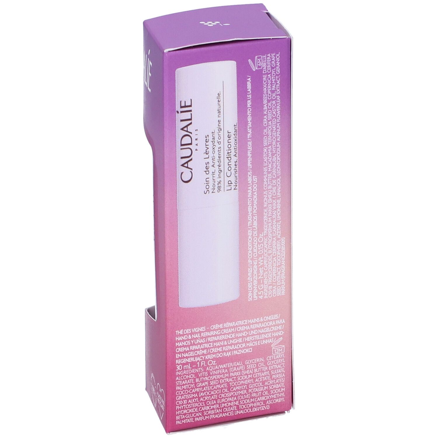 Balsamo labbra Caudalie in tubo bianco. Confezione viola. Testo: Soin des Lèvres. Ingredienti sul retro.
