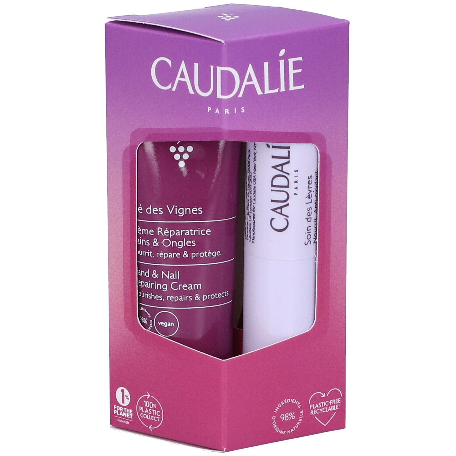 Caudalie Thé des Vignes Set Duo. Confezione con crema mani/unghie e balsamo labbra. Finestra mostra i prodotti.