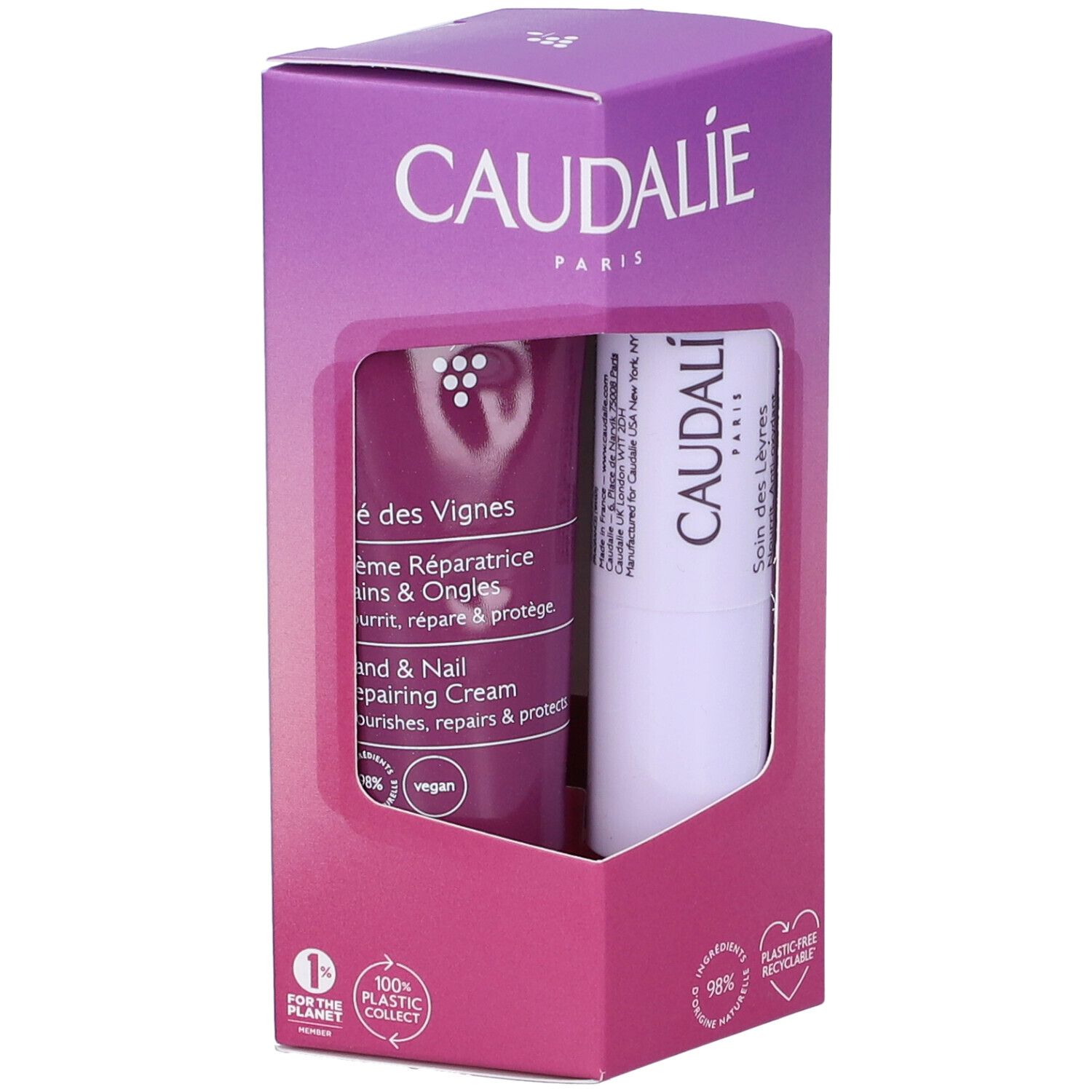 Caudalie Thé des Vignes Set Duo. Confezione con crema mani/unghie e balsamo labbra. Finestra mostra i prodotti.