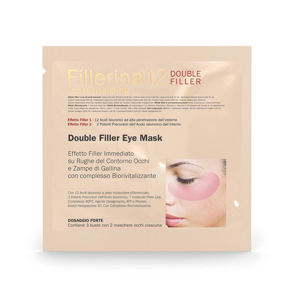 Confezione maschera occhi. Maschere rosa nell'immagine. Testo: Fillerina 12 Double Filler Eye Mask.