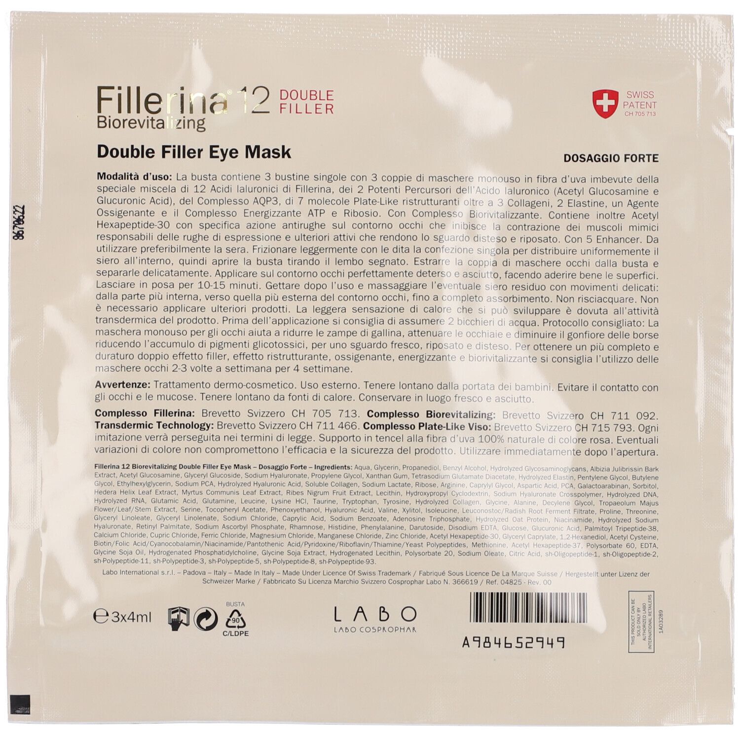 Retro della confezione. Testo: Fillerina 12 Biorevitalizing Double Filler Eye Mask. Swiss Patent.
