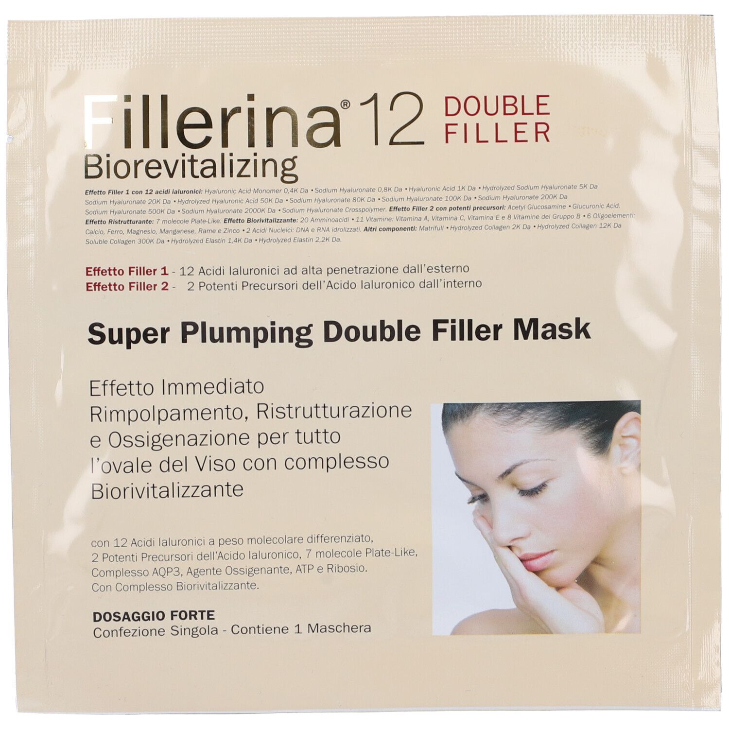 Confezione singola Fillerina 12SP Double Filler Mask. Scritta: Biorevitalizing, Super Plumping Double Filler Mask. Donna.