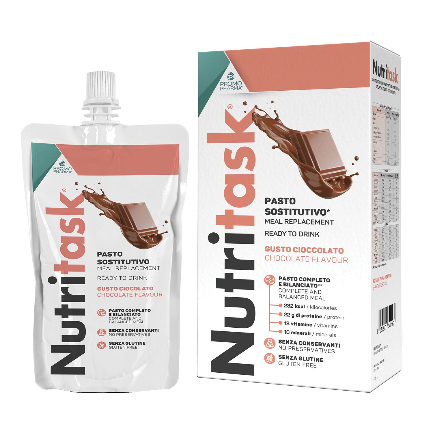 PromoPharma Nutritask Pasto Sostitutivo Cioccolato. Bevanda pronta da bere in busta e scatola. Informazioni sul prodotto e logo visibili.