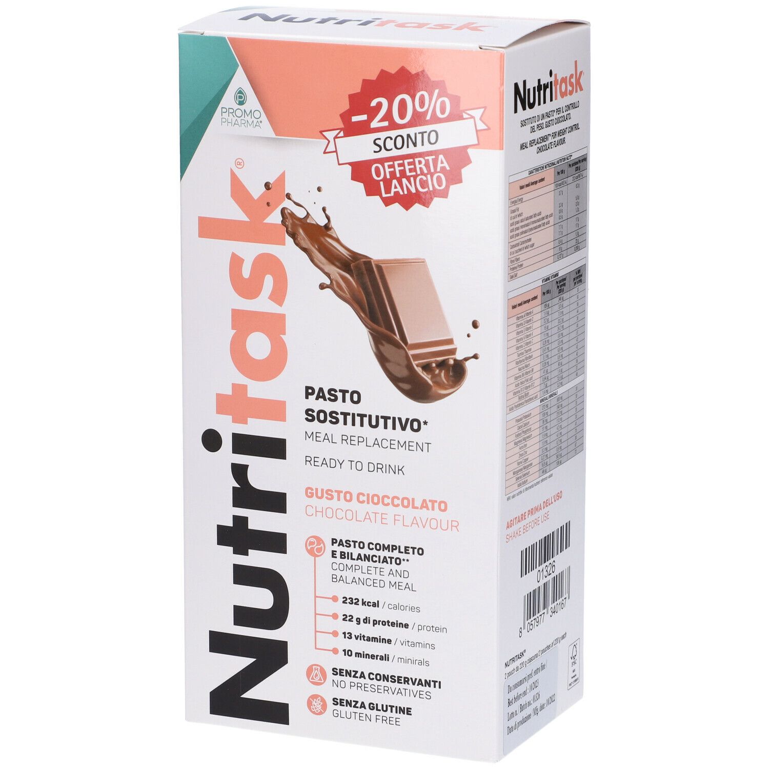 PromoPharma Nutritask Pasto Sostitutivo Cioccolato. Scatola con informazioni e logo. Adesivo -20% di sconto.