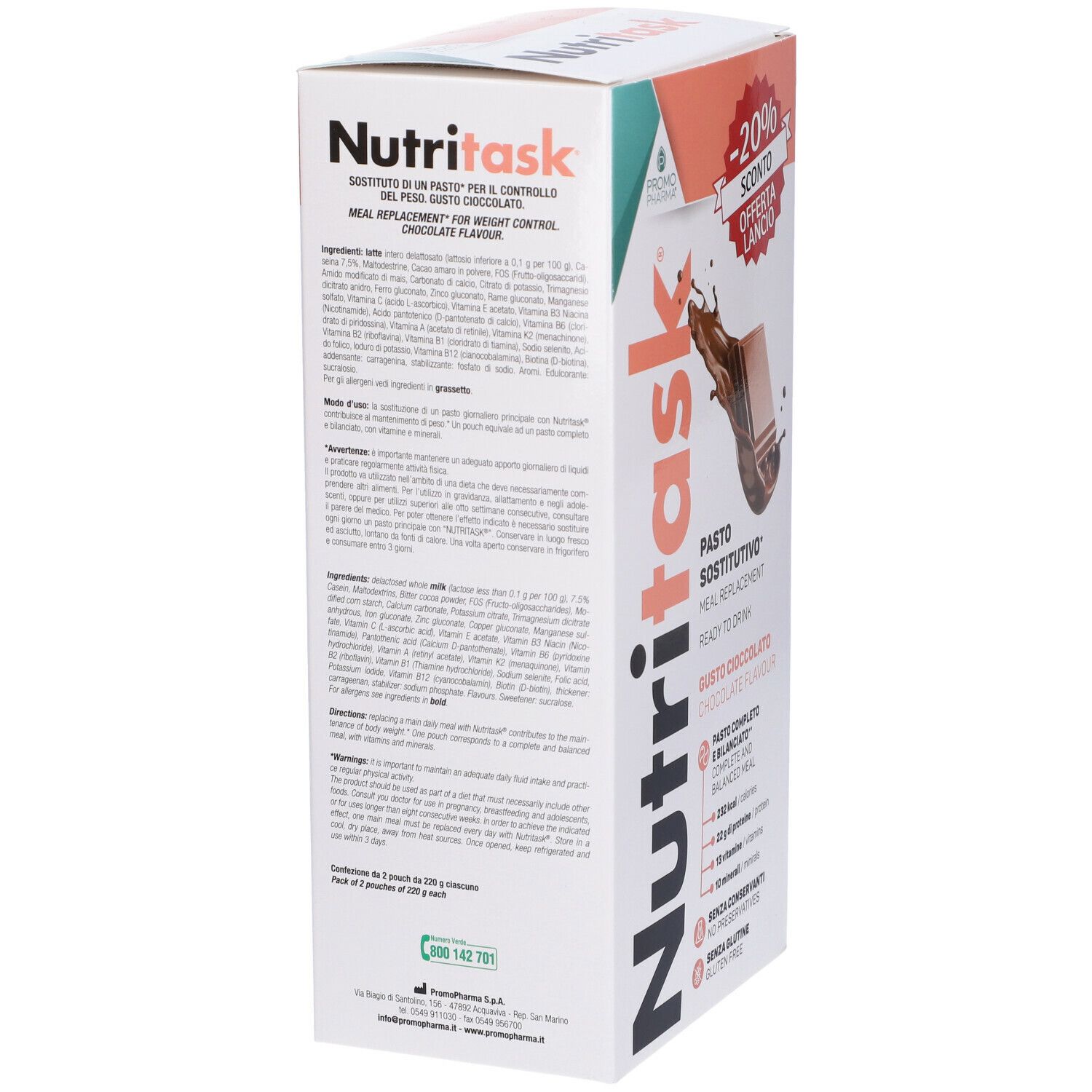 PromoPharma Nutritask Pasto Sostitutivo Cioccolato. Informazioni sul prodotto sulla confezione. Testo in italiano.