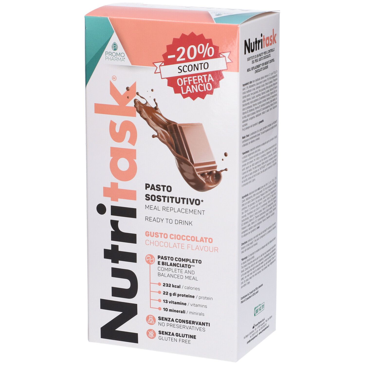 PromoPharma Nutritask Pasto Sostitutivo Cioccolato. Scatola con informazioni e logo. Adesivo -20% di sconto.