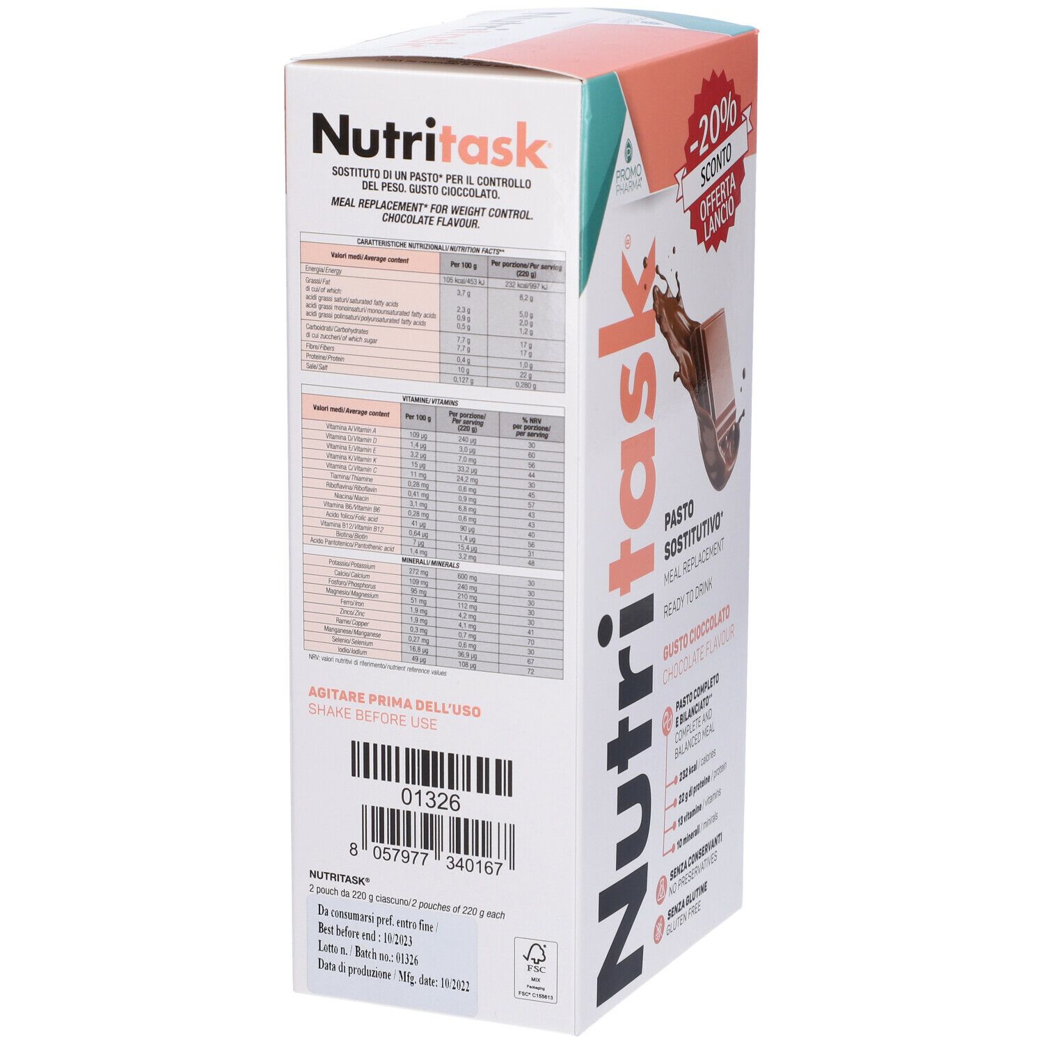 PromoPharma Nutritask Pasto Sostitutivo Cioccolato. Informazioni sul prodotto sulla confezione. Codice a barre e logo visibili.