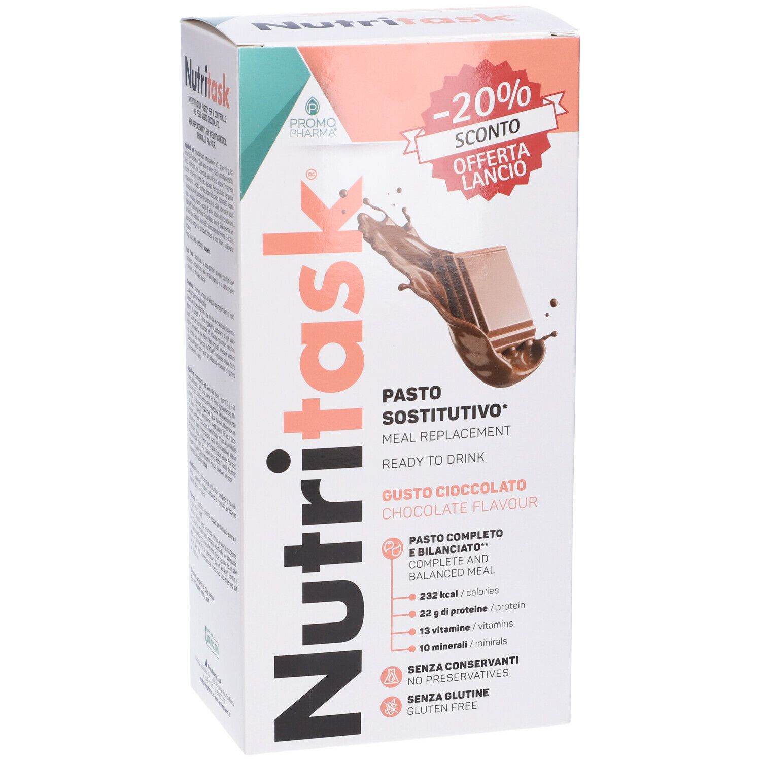 PromoPharma Nutritask Pasto Sostitutivo Cioccolato. Scatola con informazioni e logo. Adesivo -20% di sconto.