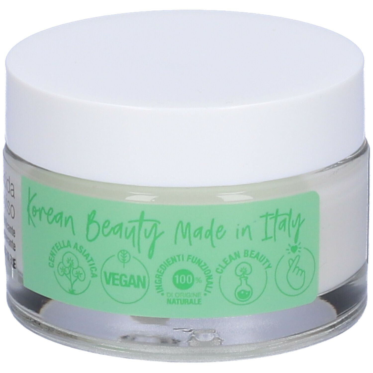 Vasetto di crema con coperchio bianco. Adesivo: Korean Beauty, Vegan, 100% ingredienti naturali. Testo: Centella asiatica, Clean Beauty. Made in Italy.