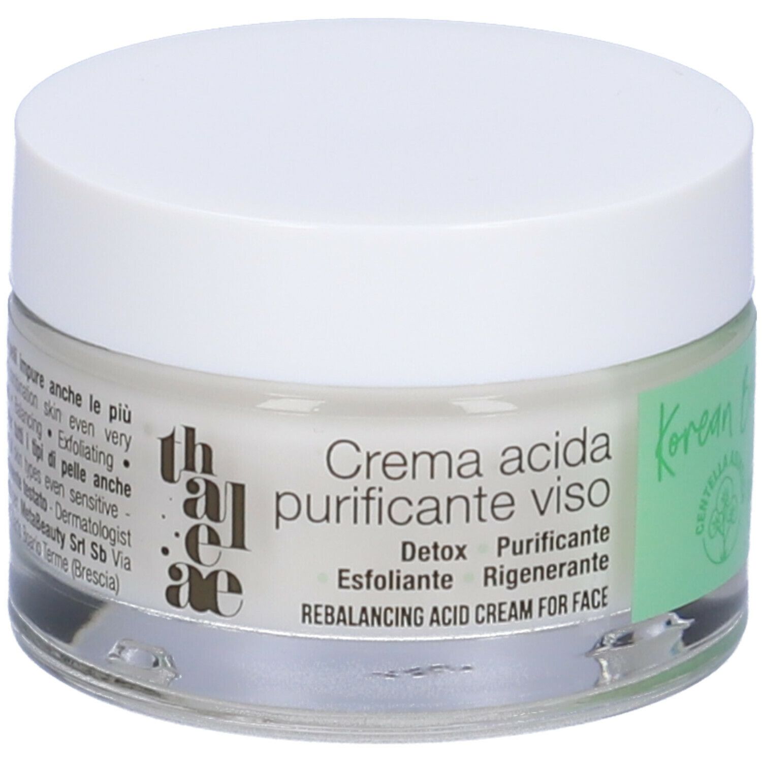 Vasetto di crema con coperchio bianco. Scritta: Crema acida purificante viso. Verde: Korean Beauty, Vegan. Testo: Detox, Purificante, Esfoliante, Rigenerante.