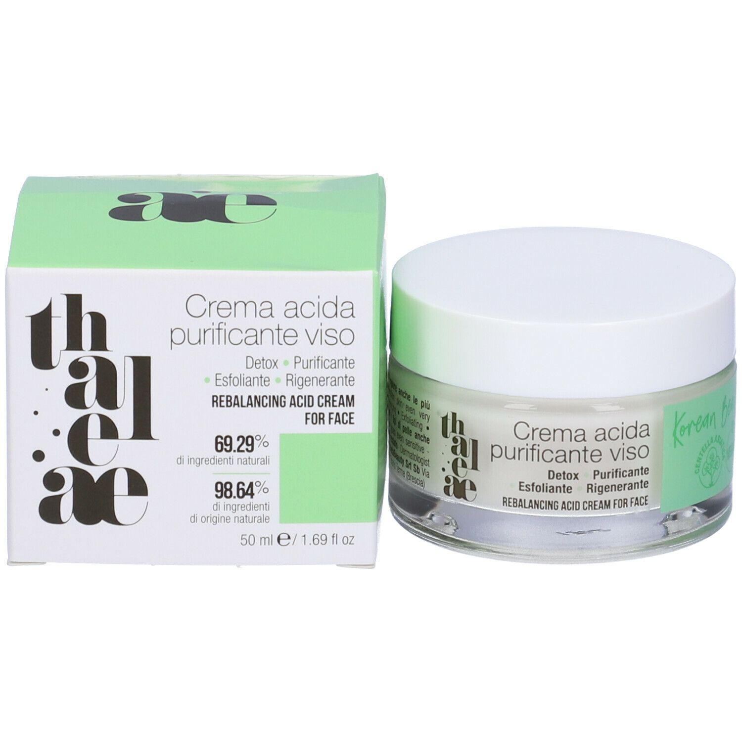 Vasetto di crema e scatola. Scritta: Crema acida purificante viso. Testo: Detox, Purificante, Esfoliante, Rigenerante. 69.29% ingredienti naturali.