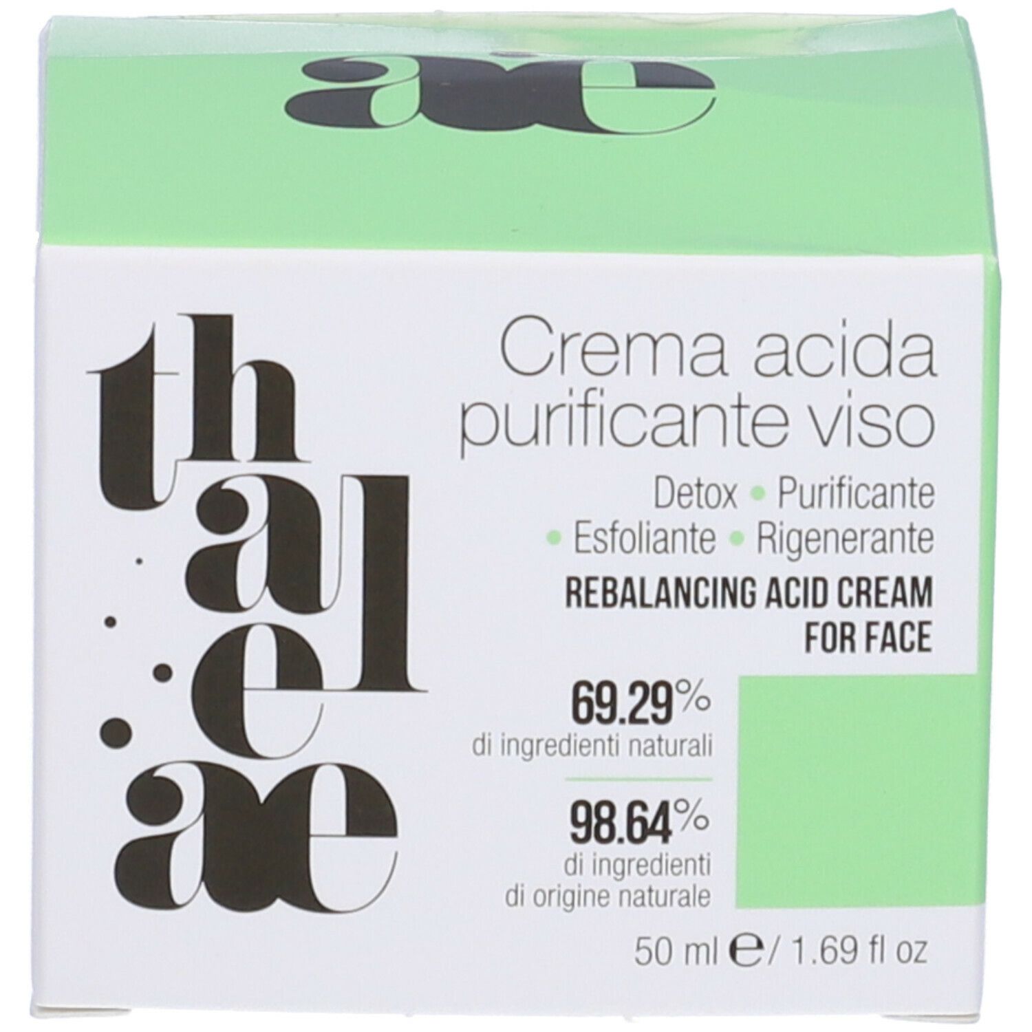 Scatola verde. Scritta: Crema acida purificante viso. Testo: Detox, Purificante, Esfoliante, Rigenerante. 69.29% ingredienti naturali. 98.64% ingredienti.