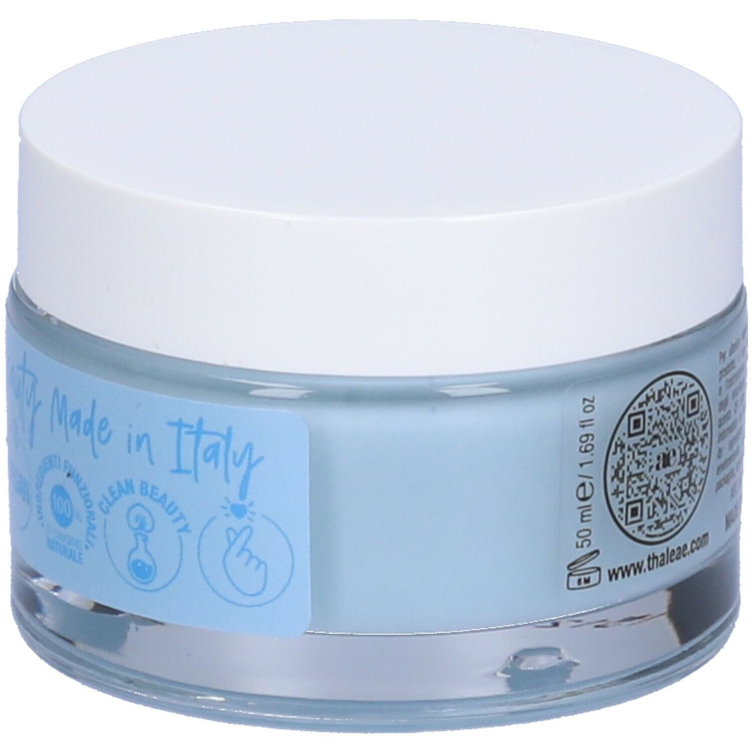 Vasetto di crema con coperchio bianco. L'etichetta dice: RE-AGE Crema rigenerante viso. Liquido blu visibile.