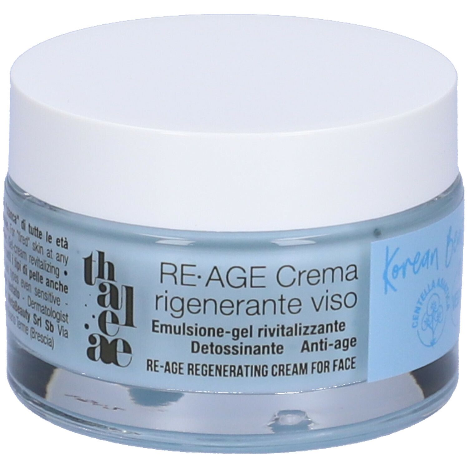 Vasetto di crema con coperchio bianco. L'etichetta dice: RE-AGE Crema rigenerante viso. Liquido blu visibile.