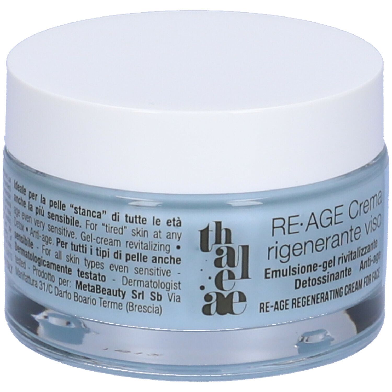 Vasetto di crema con coperchio bianco. L'etichetta dice: RE-AGE Crema rigenerante viso. Liquido blu visibile.
