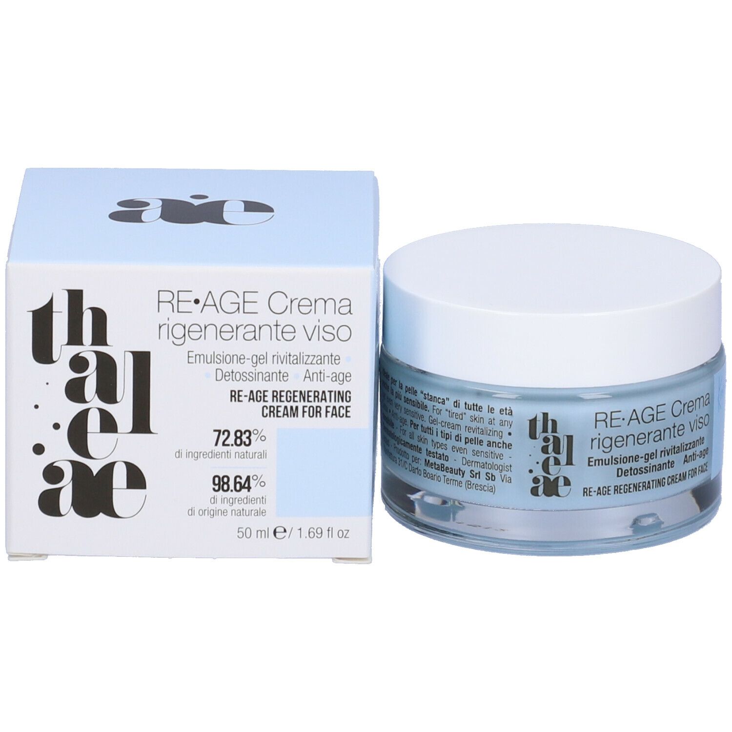 Vasetto di crema e scatola. Sulla scatola c'è scritto: RE-AGE Crema rigenerante viso. Liquido blu visibile.