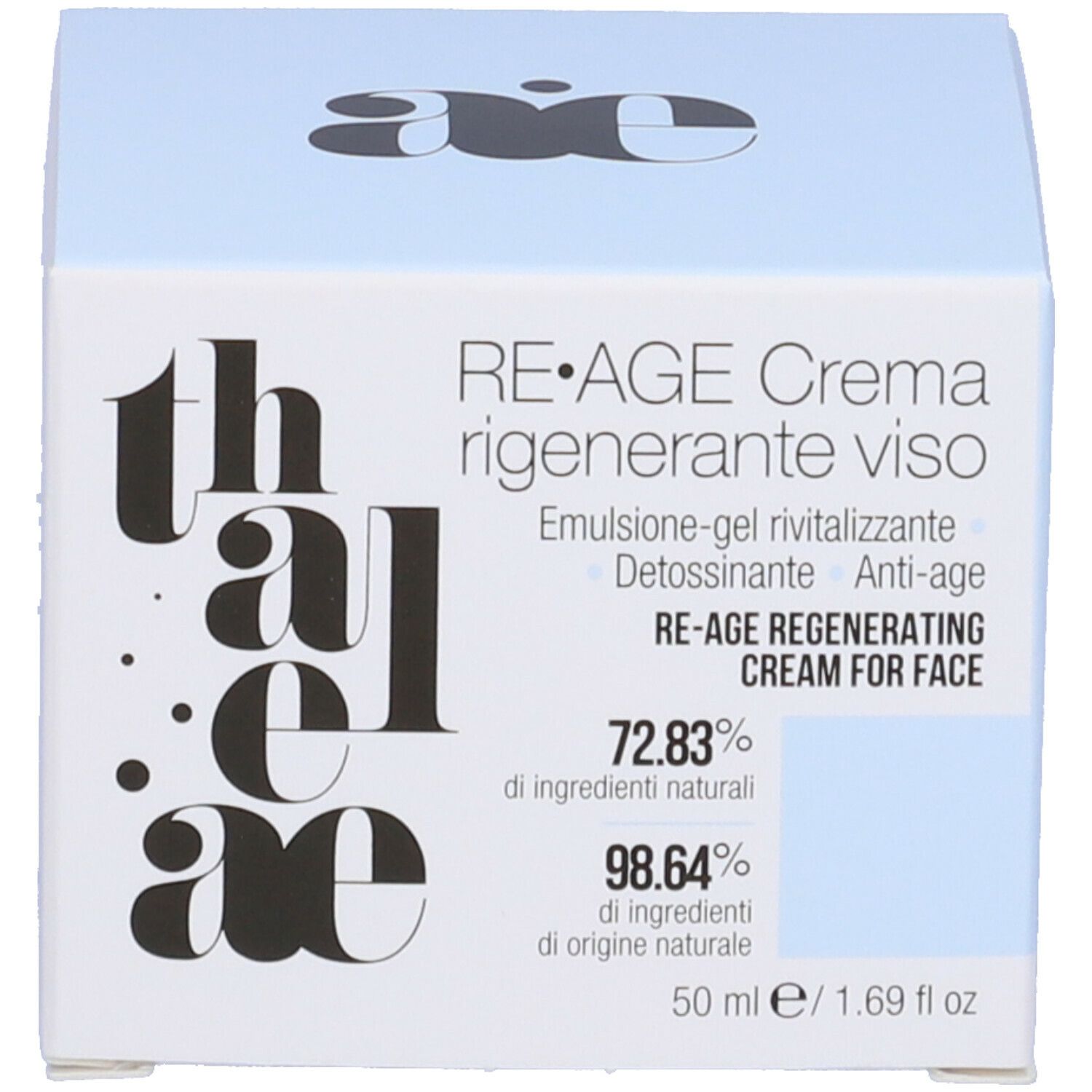 Scatola con informazioni sul prodotto. Sulla scatola c'è scritto: RE-AGE Crema rigenerante viso. Liquido blu visibile.