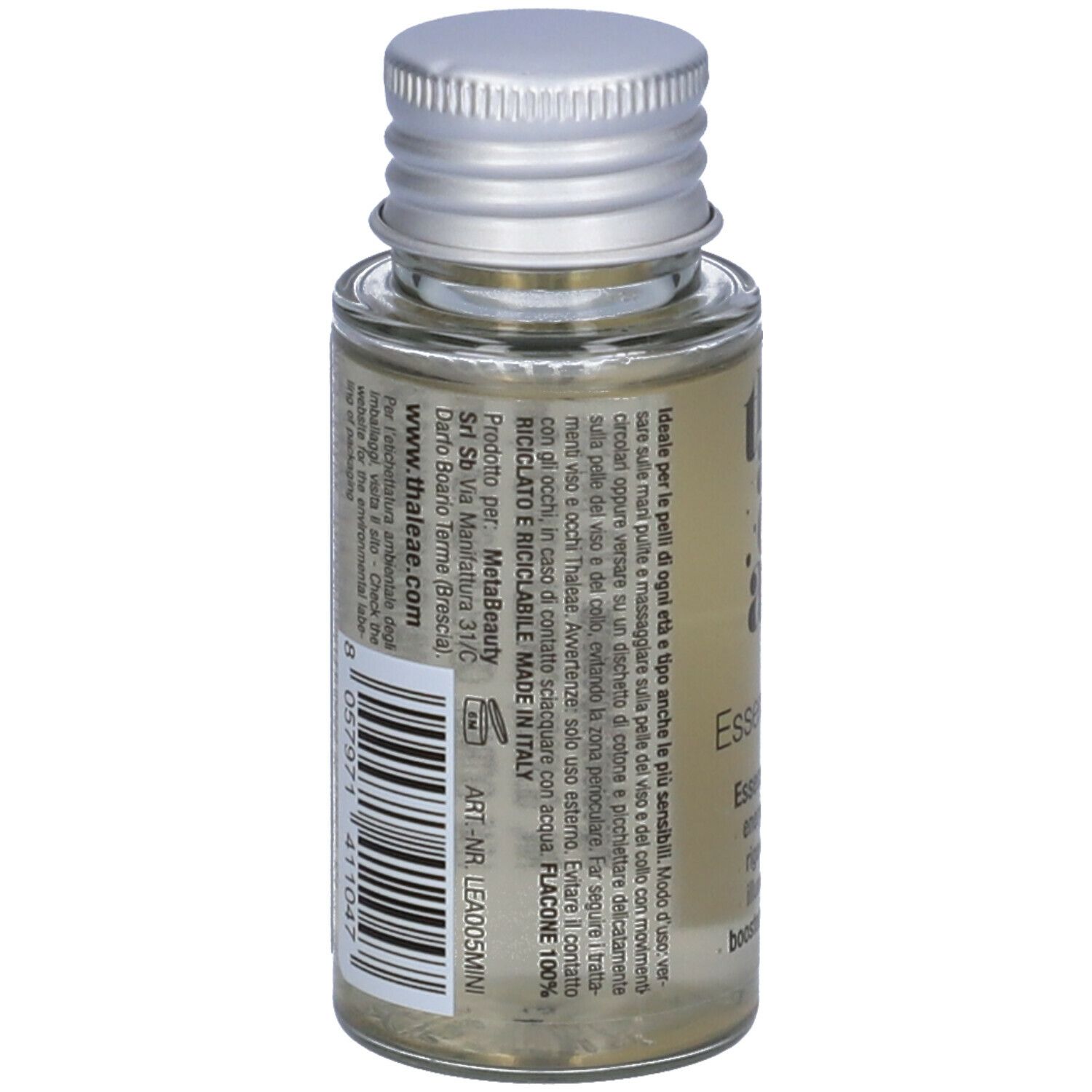 Flacone di vetro con tappo argentato. Scritta: thaleae. Testo: informazioni sul prodotto, ingredienti, riciclabile, Made in Italy.