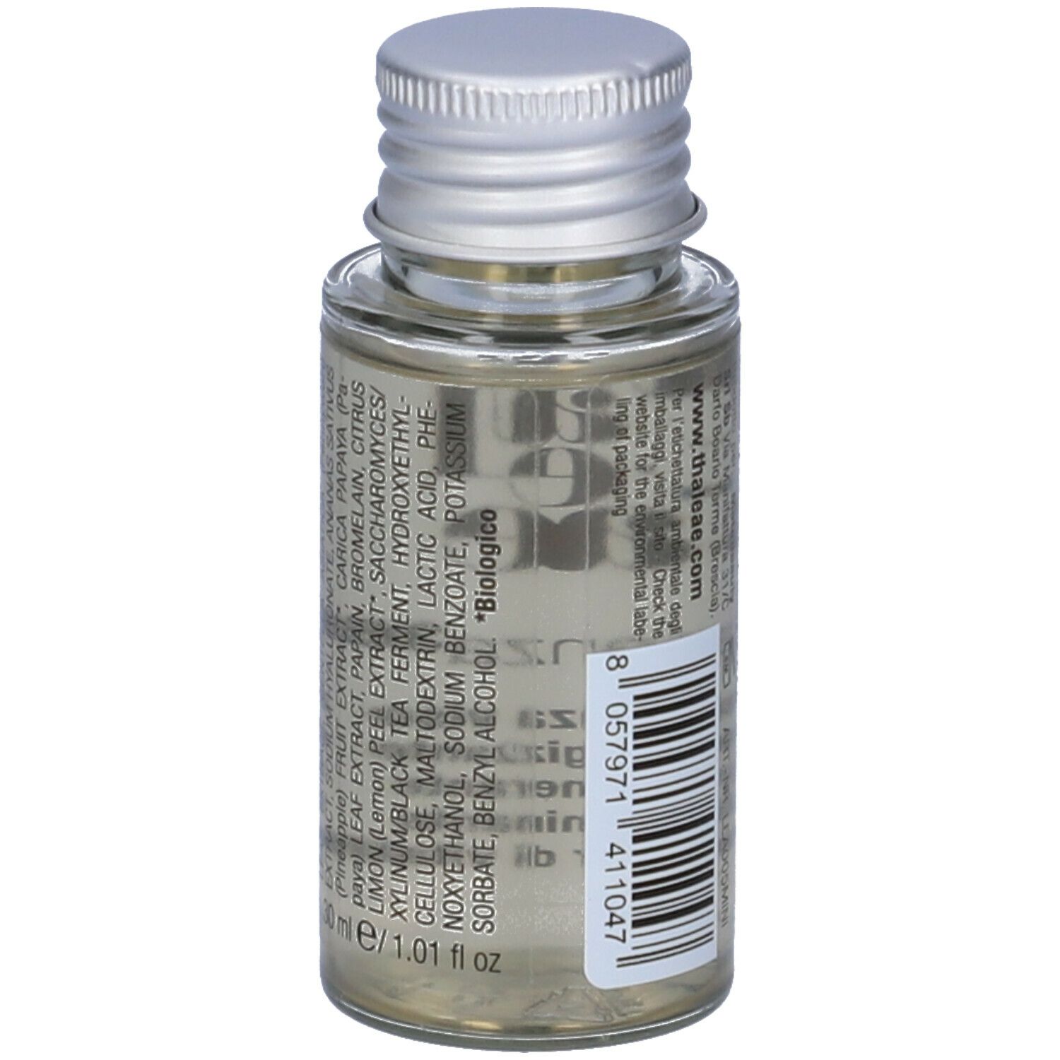Flacone di vetro con tappo argentato. Scritta: thaleae. Testo: ingredienti, biologico, codice a barre, 30 ml/1.01 fl oz.