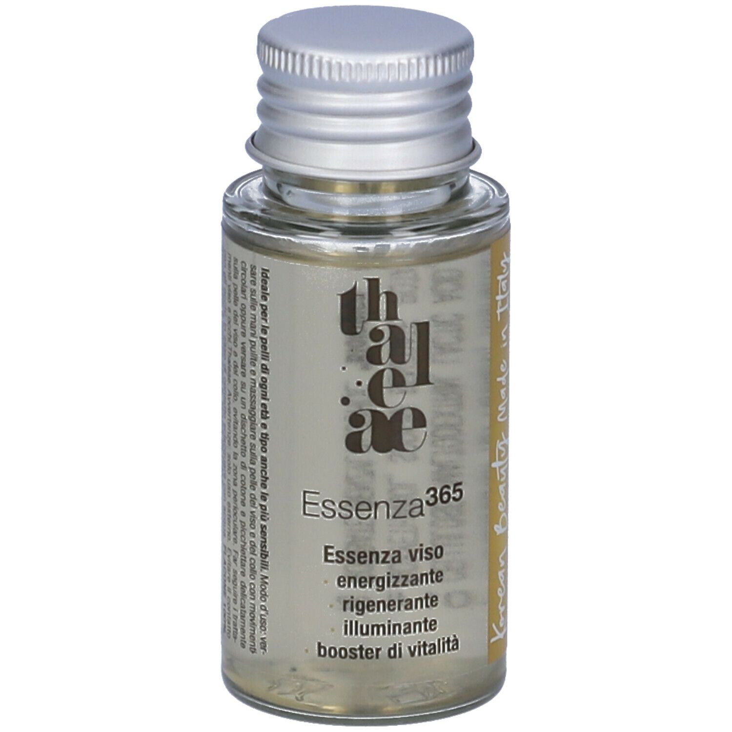 Flacone di vetro con tappo argentato. Scritta: thaleae Essenza365. Testo: Essenza viso energizzante, rigenerante, illuminante, booster di vitalità.