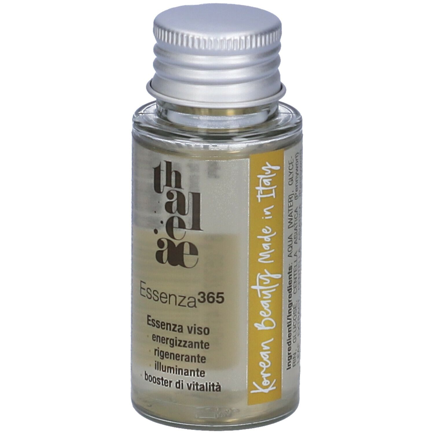 Flacone di vetro con tappo argentato. Scritta: thaleae Essenza365. Testo: Korean Beauty Made in Italy. Ingredienti.