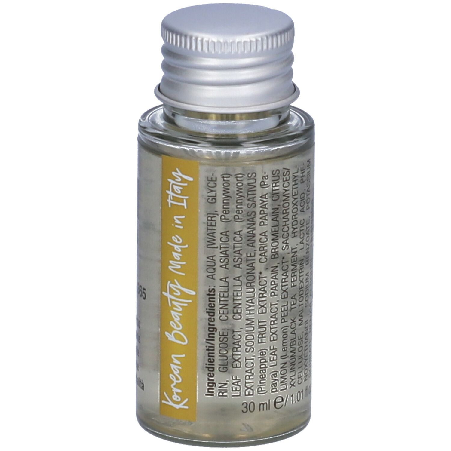 Flacone di vetro con tappo argentato. Scritta: thaleae. Testo: Korean Beauty Made in Italy. Ingredienti, 30 ml/1.01 fl oz.