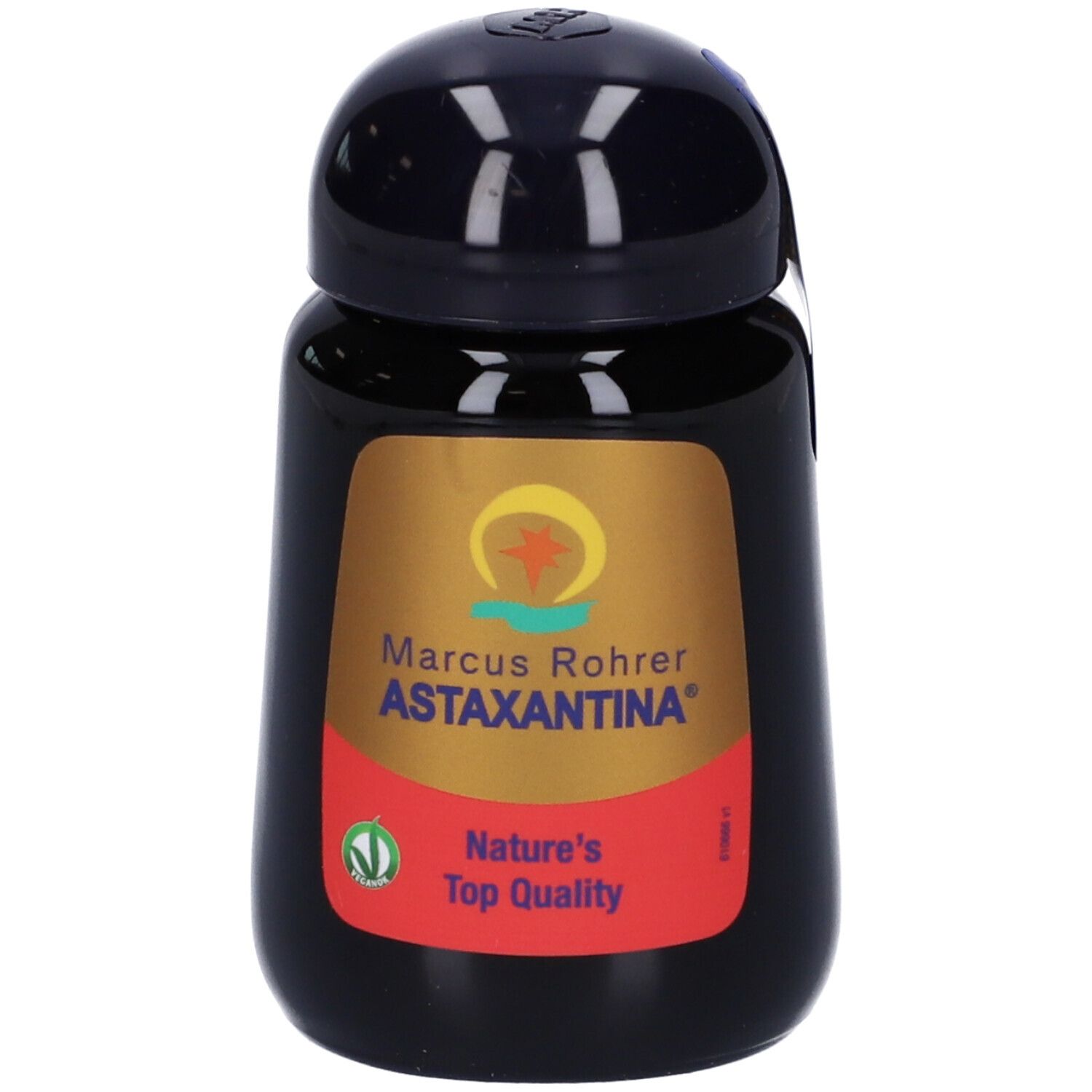 Flacone nero con etichetta dorata. Scritta: Marcus Rohrer Astaxantina. Striscia rossa con testo. Coperchio nero.
