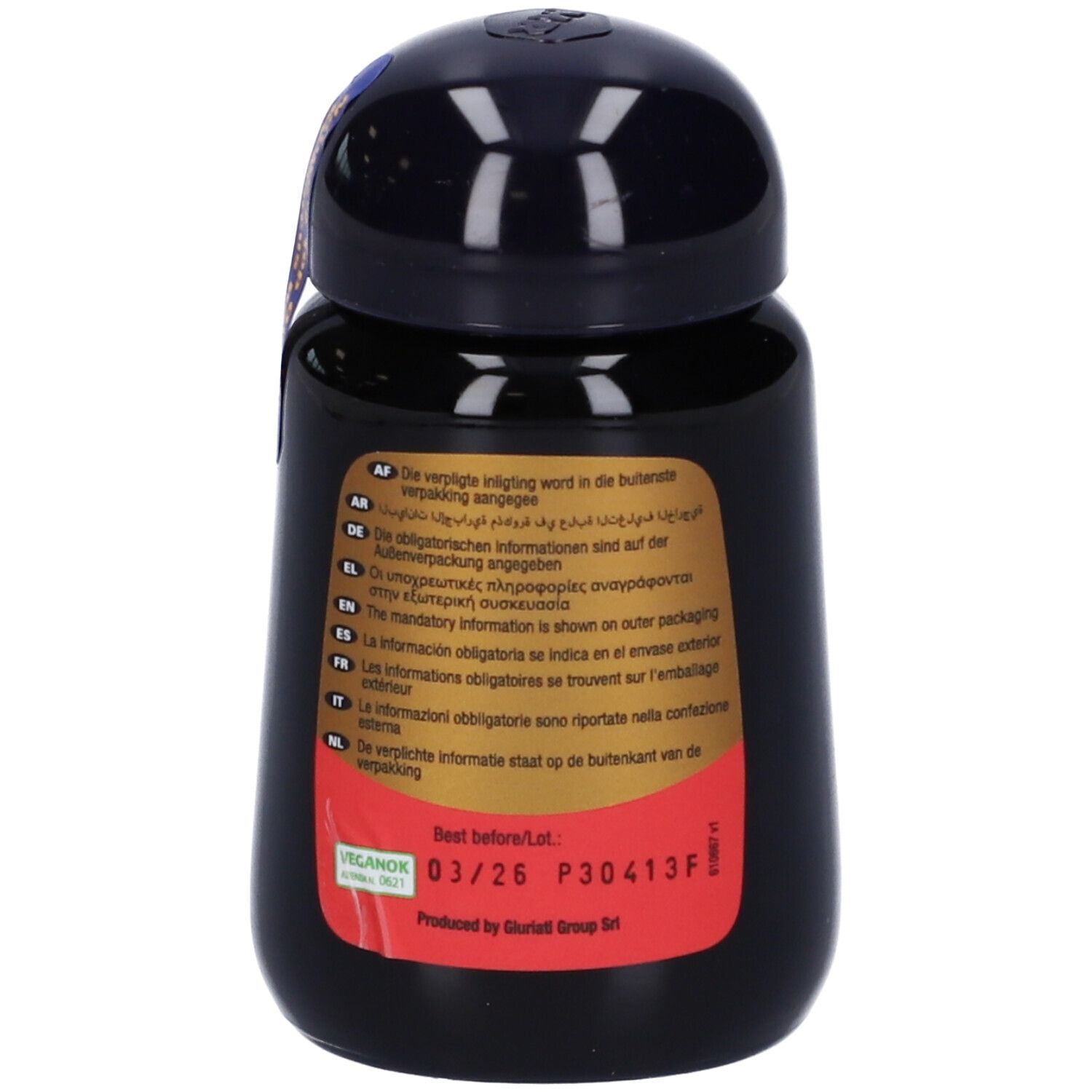 Flacone nero, etichetta dorata. Scritta: Marcus Rohrer Astaxantina. Striscia rossa con testo. Coperchio nero.