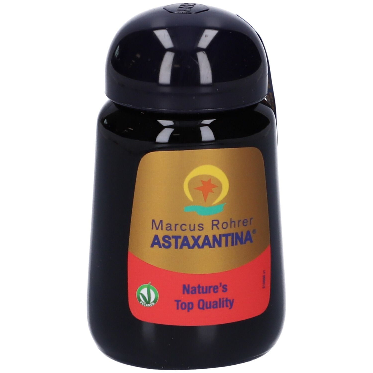 Flacone nero, etichetta dorata. Scritta: Marcus Rohrer Astaxantina. Striscia rossa con testo. Coperchio nero.