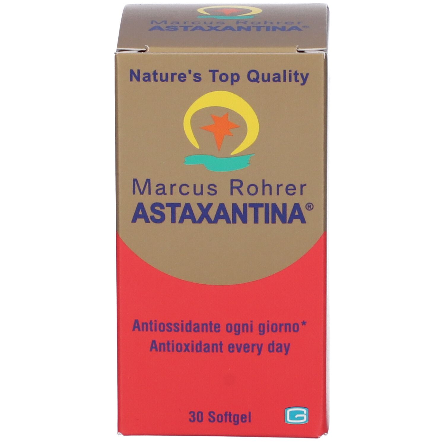 Confezione del prodotto. Confezione dorata con fascia rossa. Scritta: Marcus Rohrer Astaxantina, 30 capsule molli.