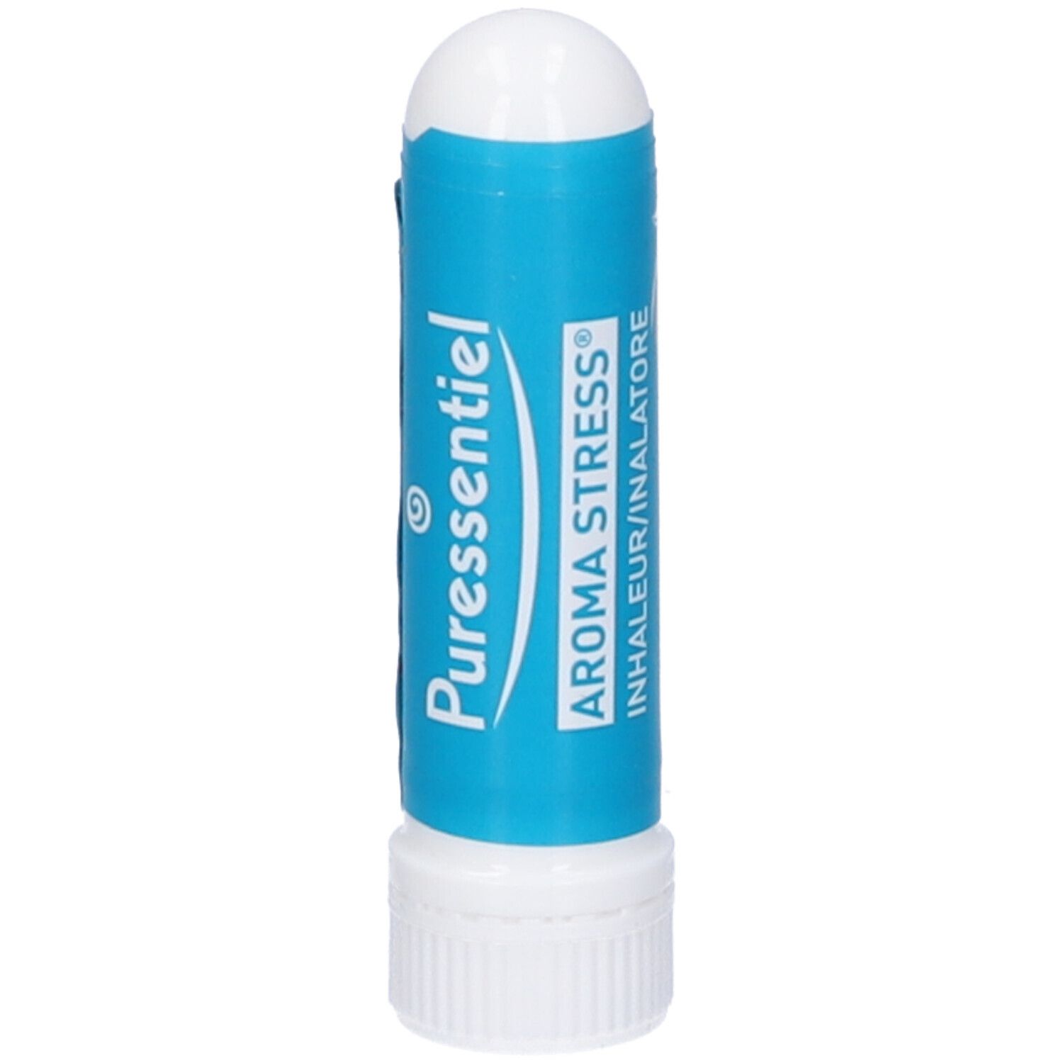 Inalatore blu e bianco. Scritte: Puressentiel, Aroma Stress, Inhalatore/Inalatore.