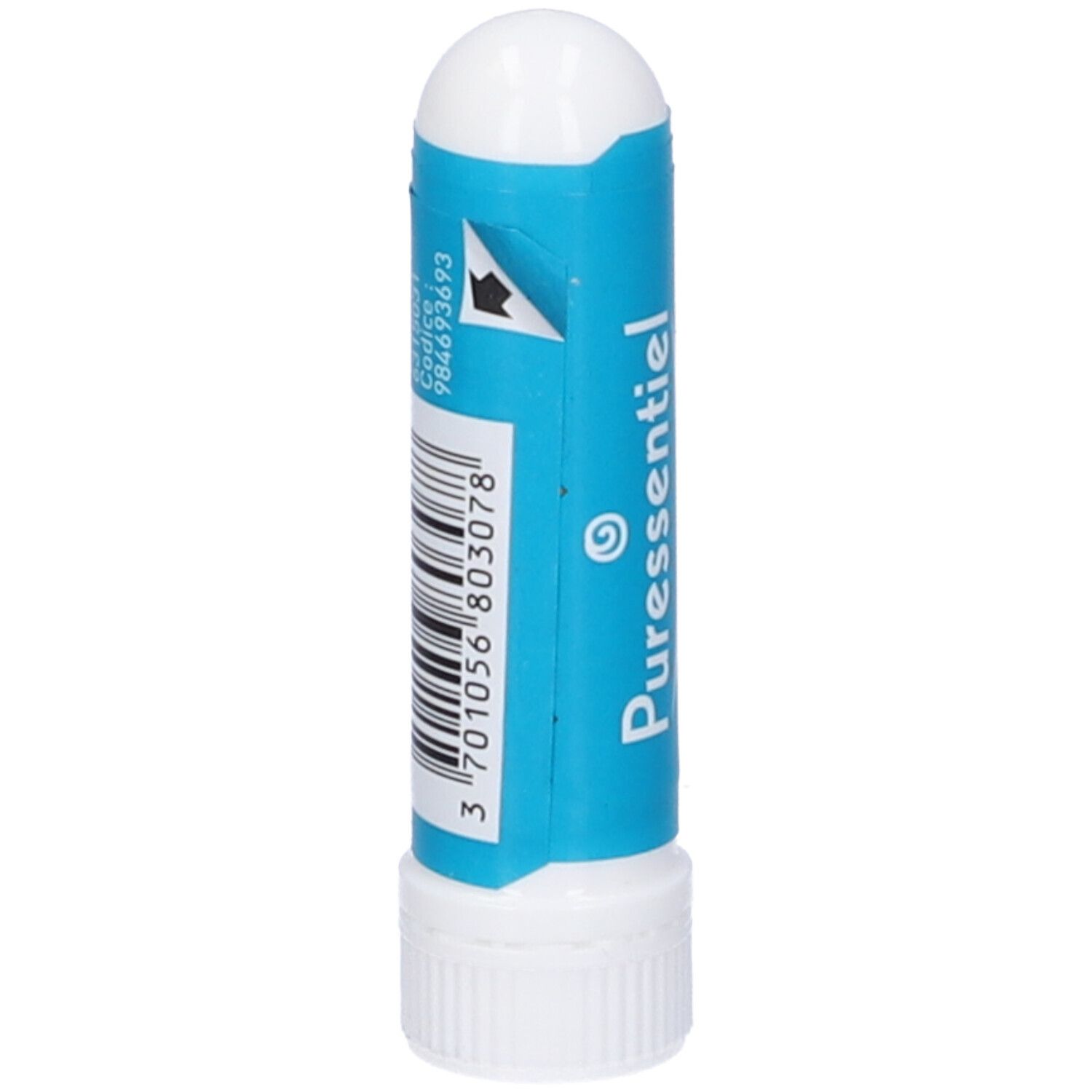 Inalatore blu e bianco. Adesivo con codice a barre e codice 984693693.