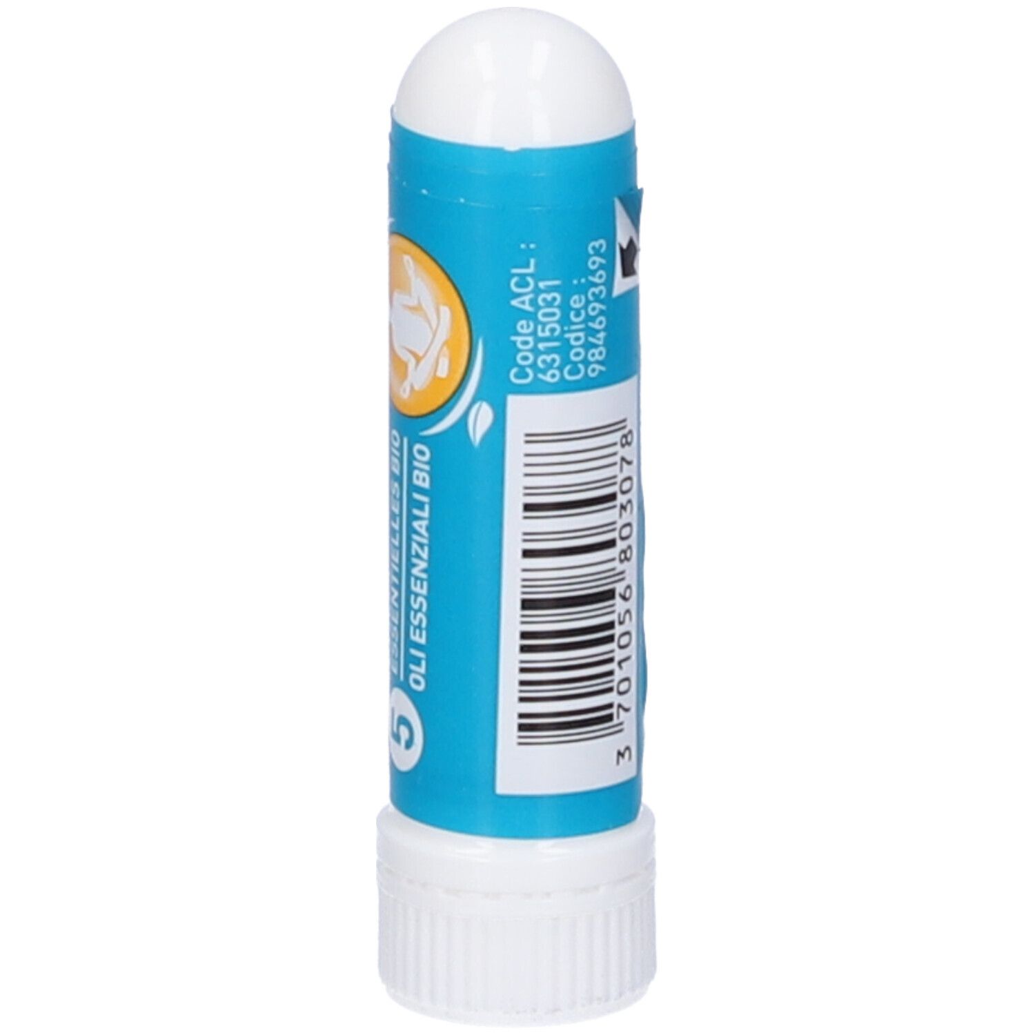 Inalatore blu e bianco. Adesivo con codice a barre, codice e logo oli essenziali bio.