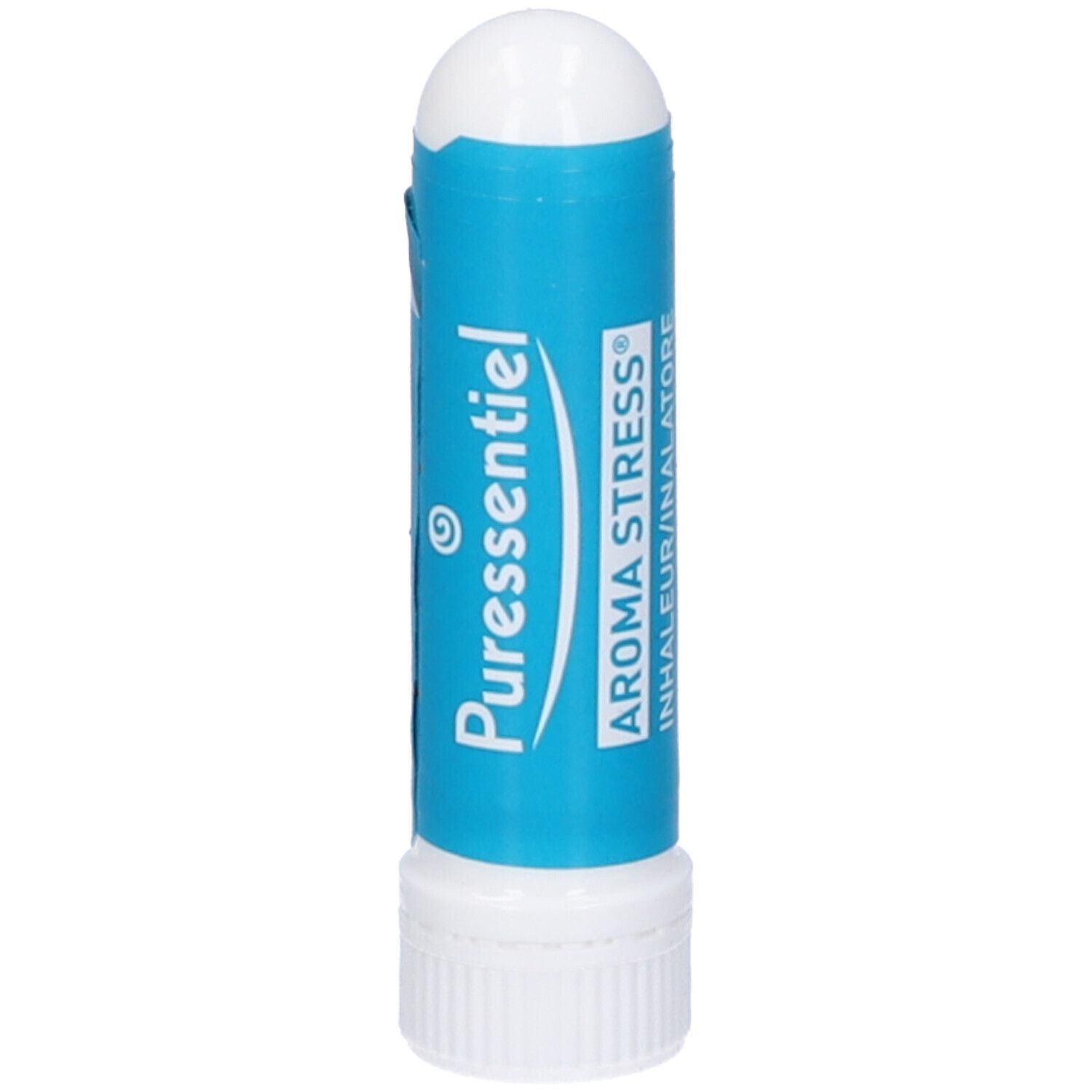 Inalatore blu e bianco. Scritte: Puressentiel, Aroma Stress, Inhalatore/Inalatore.