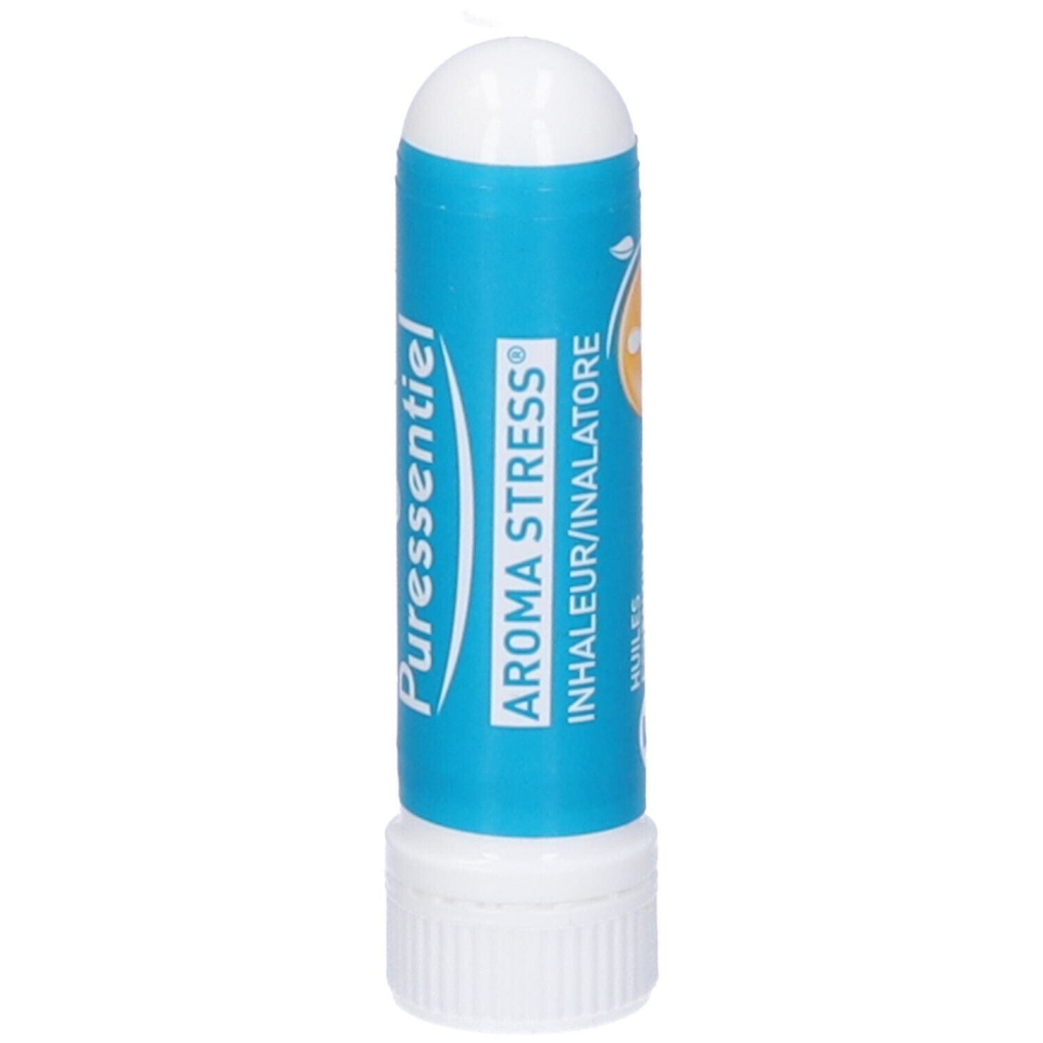 Inalatore blu e bianco. Scritte: Puressentiel, Aroma Stress, Inhalatore/Inalatore. Logo.