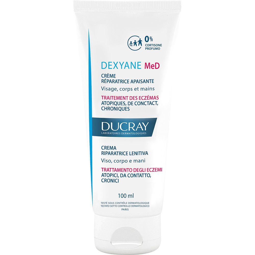 Tubo di crema Dexyane MeD, 0% cortisone, per viso, corpo e mani. Marchio Ducray.