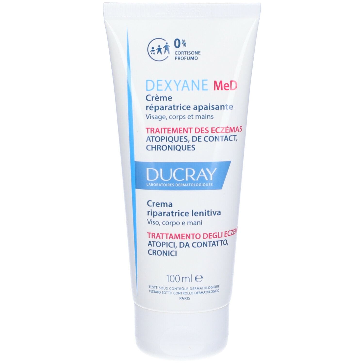 Tubo bianco Dexyane MeD, 0% cortisone, per viso, corpo e mani. Marchio Ducray, 100 ml.