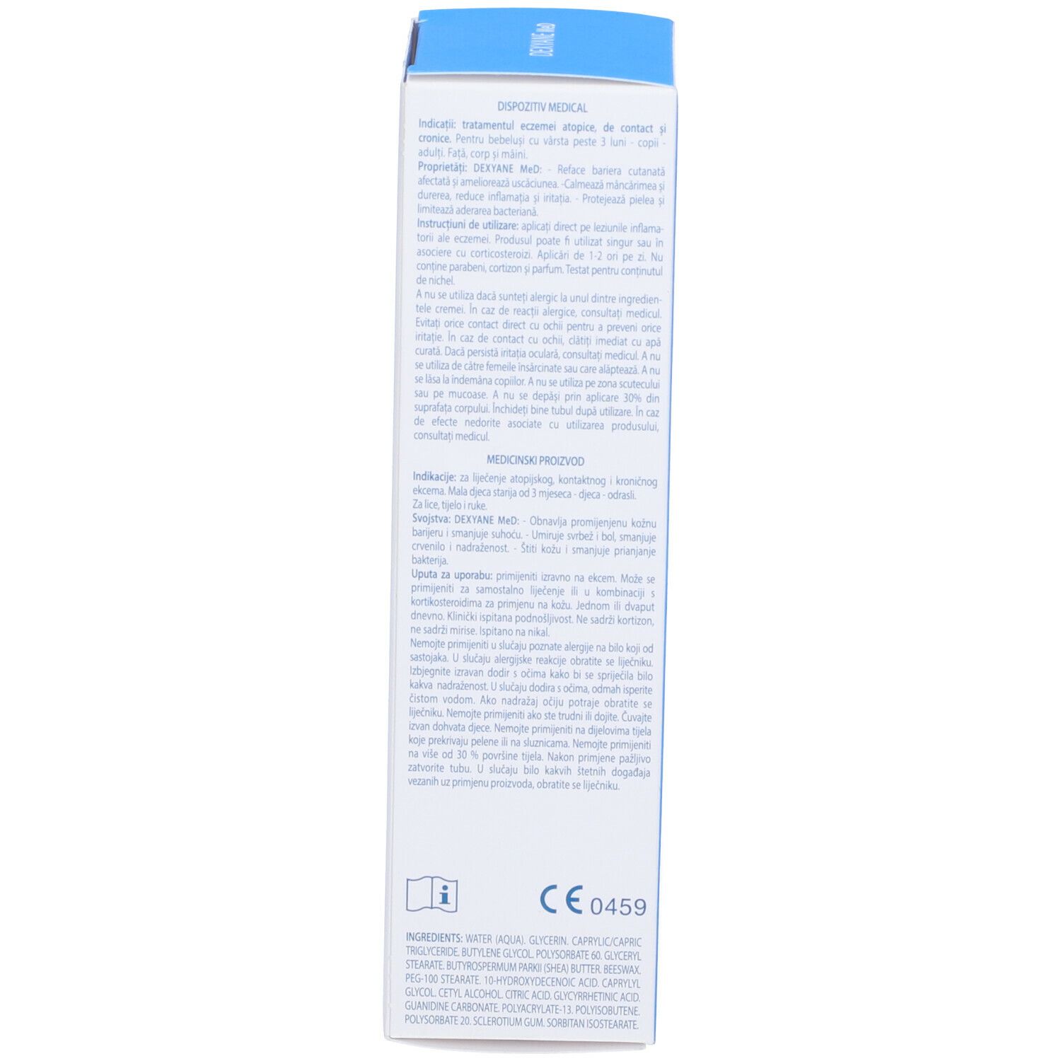Scatola con informazioni sul prodotto. Scritta Dexyane MeD, marchio Ducray, marchio CE.