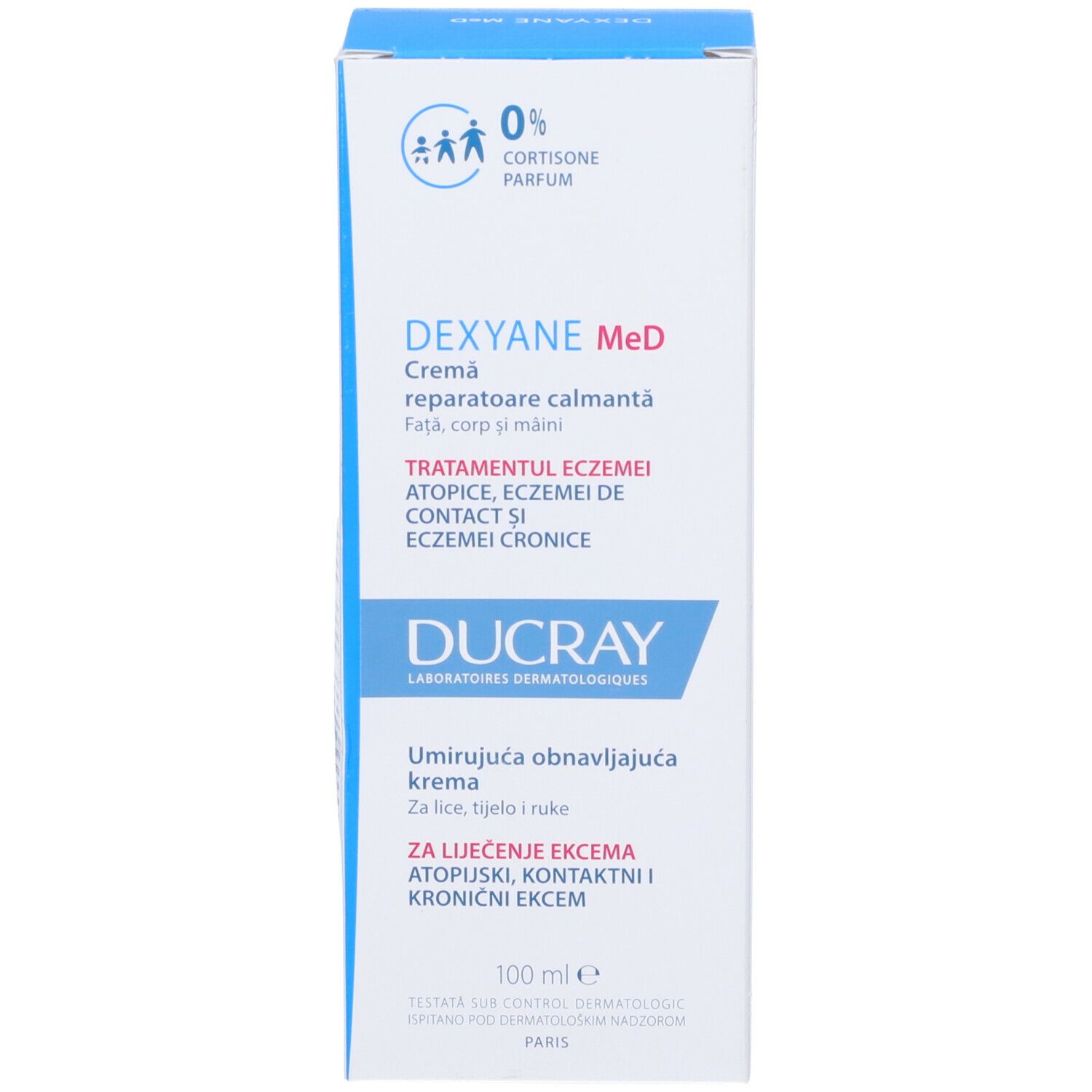 Scatola con informazioni sul prodotto. Scritta Dexyane MeD, marchio Ducray, marchio CE.