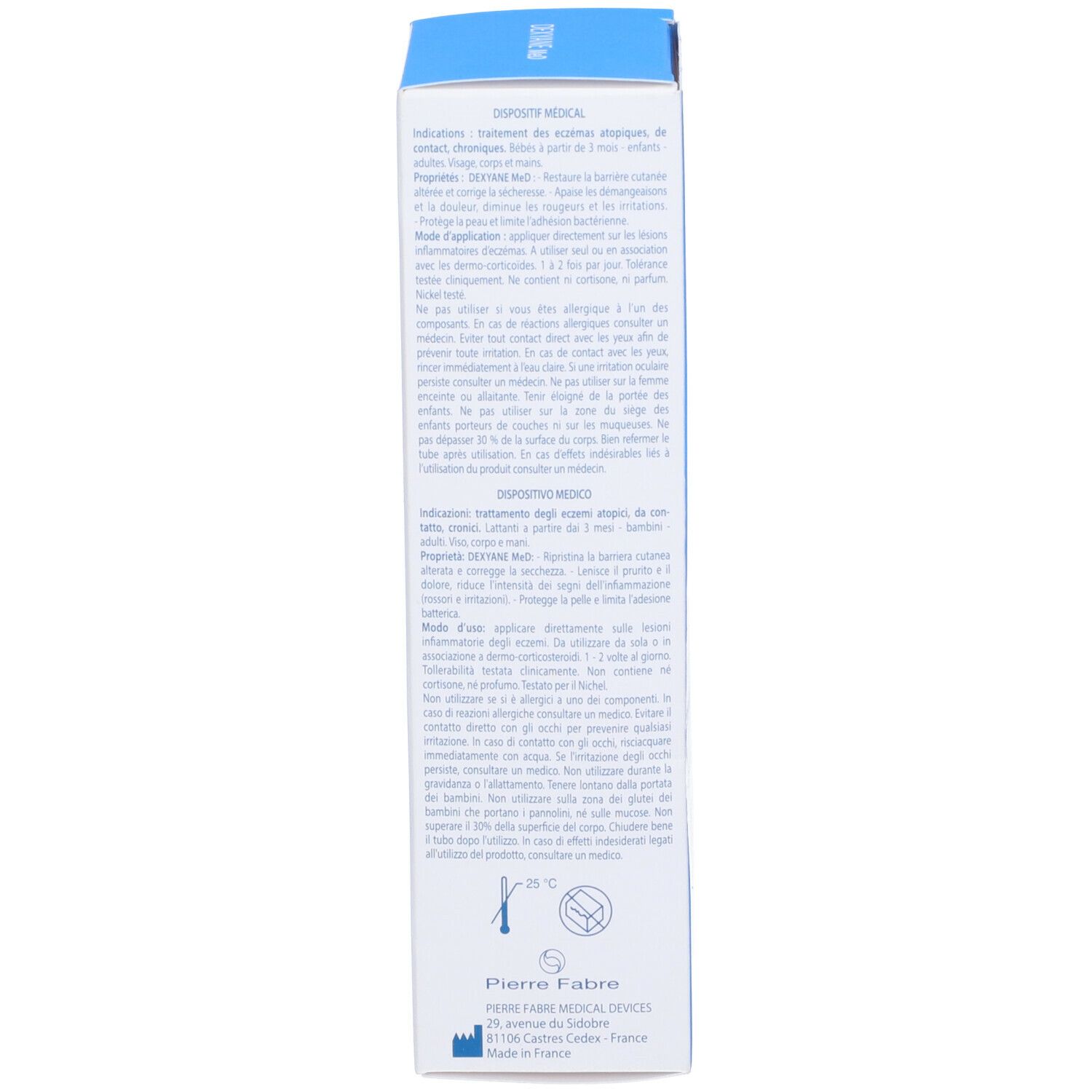 Scatola con informazioni sul prodotto. Scritta Dexyane MeD, marchio Ducray, marchio CE.